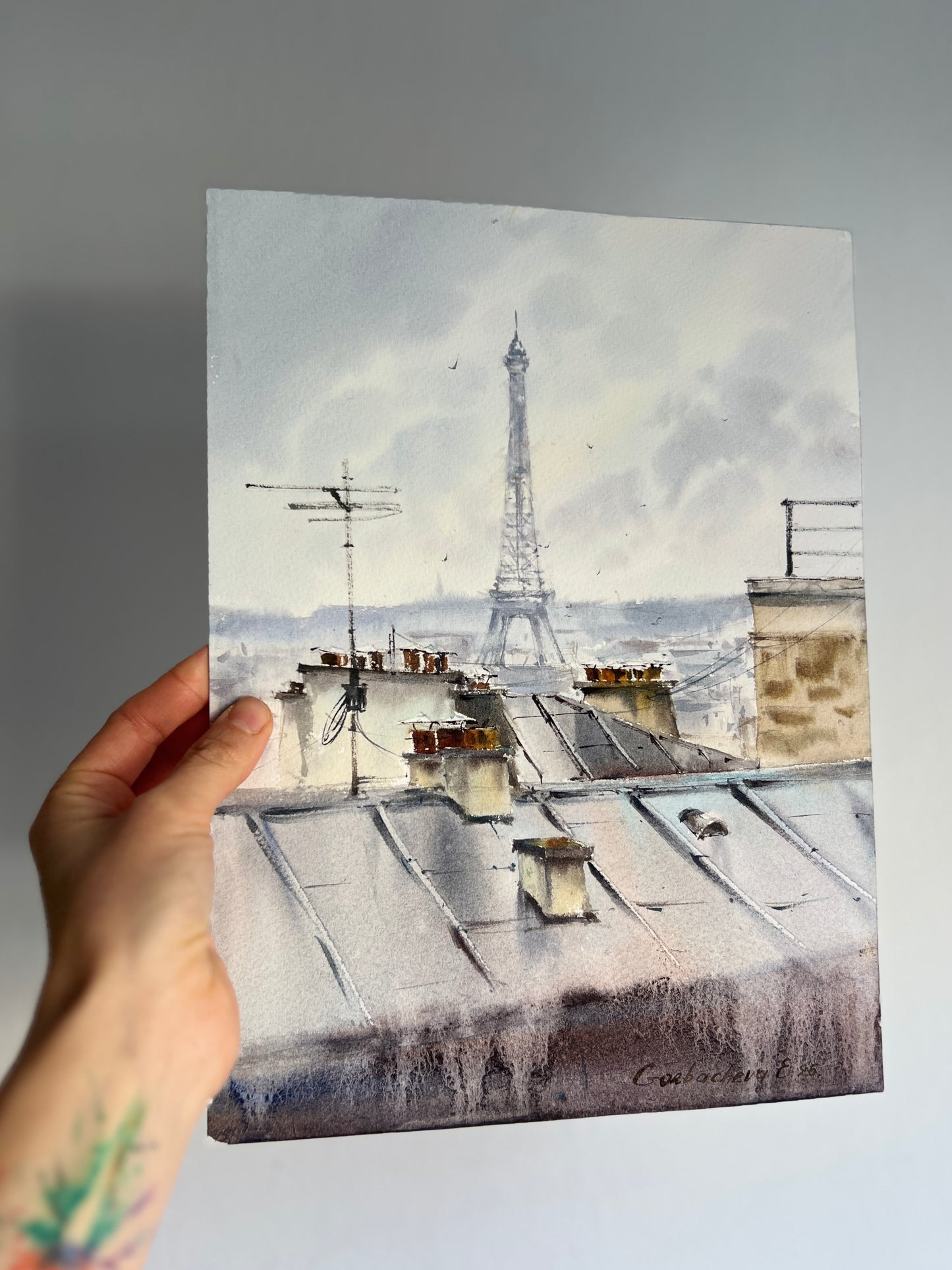Eiffel Tower Watercolor Painting, Paris Rooftops Original Art, Grey Skies of Paris 9x12