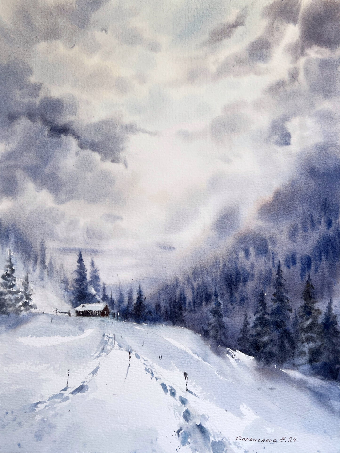 Serene Frosty Forest Watercolor Painting -  Snow Fairy Tale