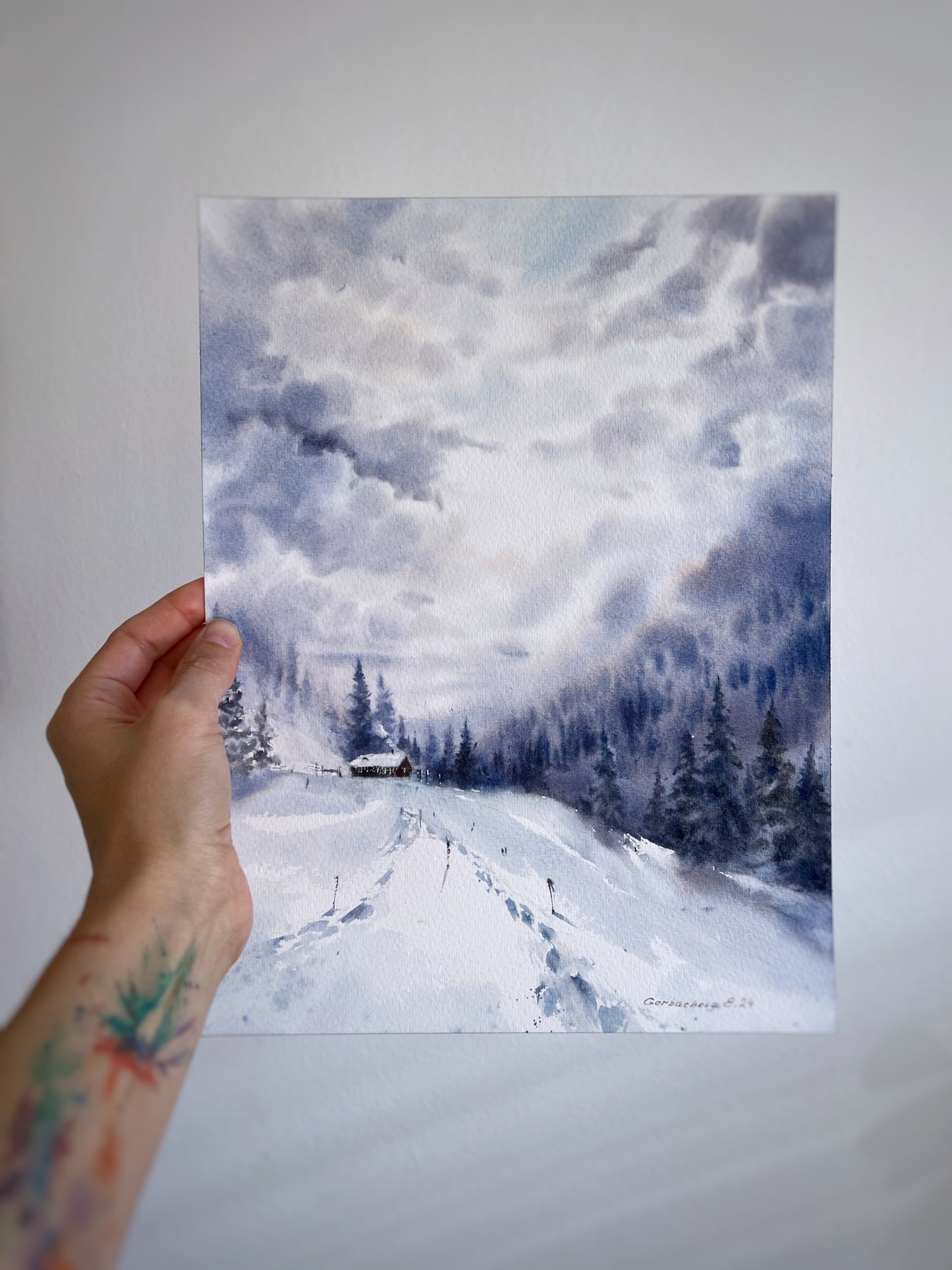 Serene Frosty Forest Watercolor Painting -  Snow Fairy Tale