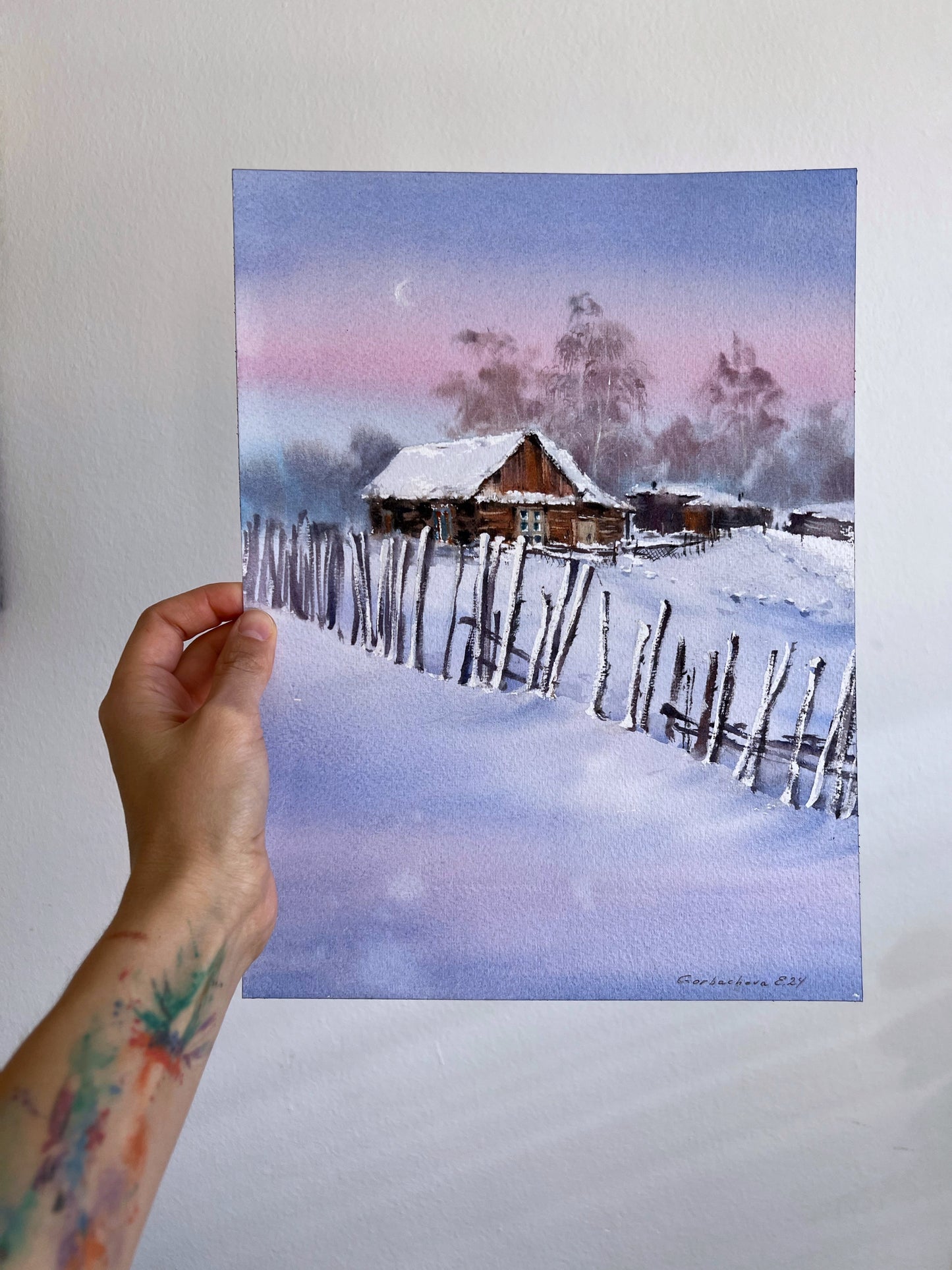 Snowy Morning Painting Original - Farmhouse Wall Art, 9x12 in