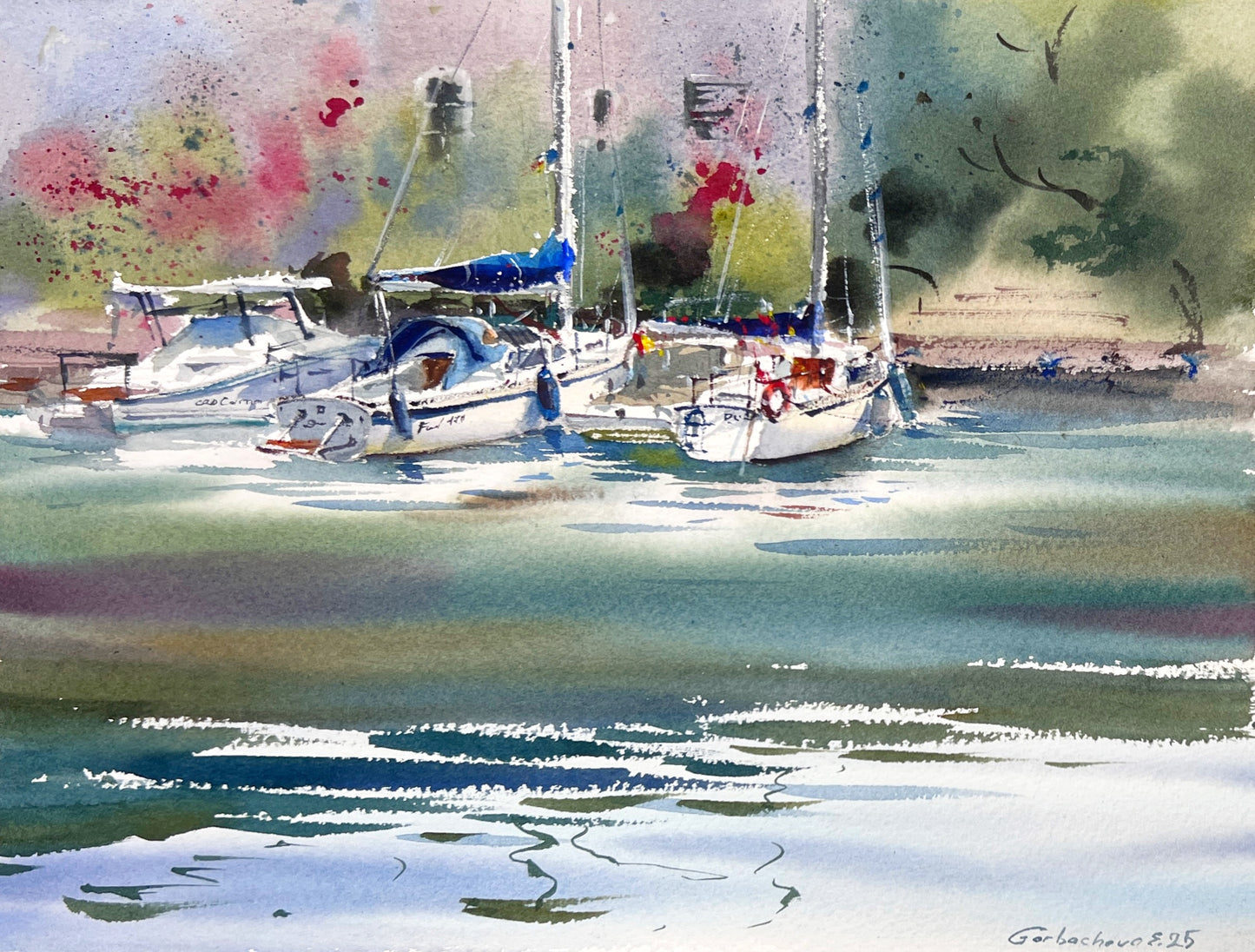 Watercolor Sailboats Painting, Coastal Marina Art, Anchored in Light 9x12