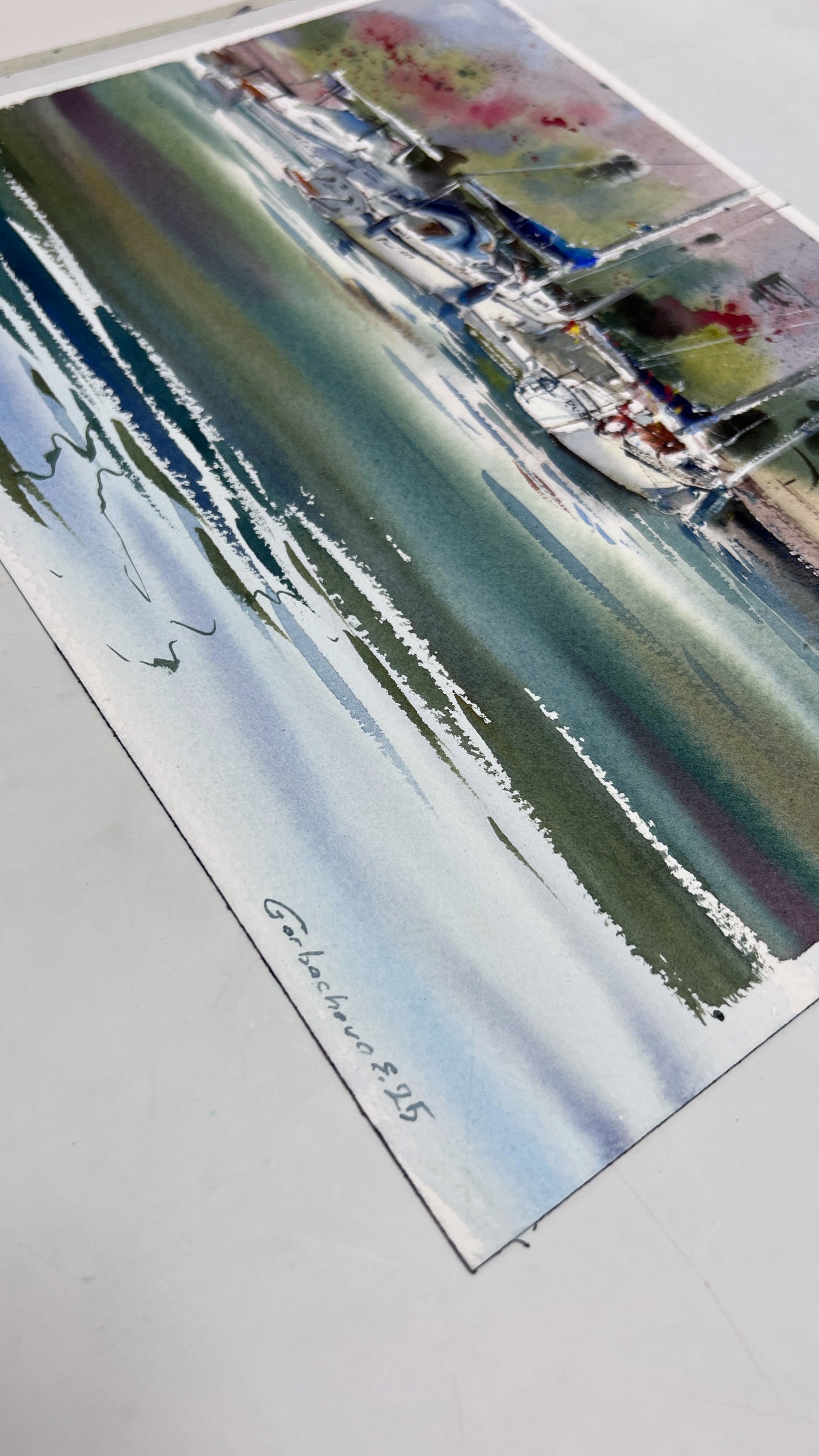 Watercolor Sailboats Painting, Coastal Marina Art, Anchored in Light 9x12