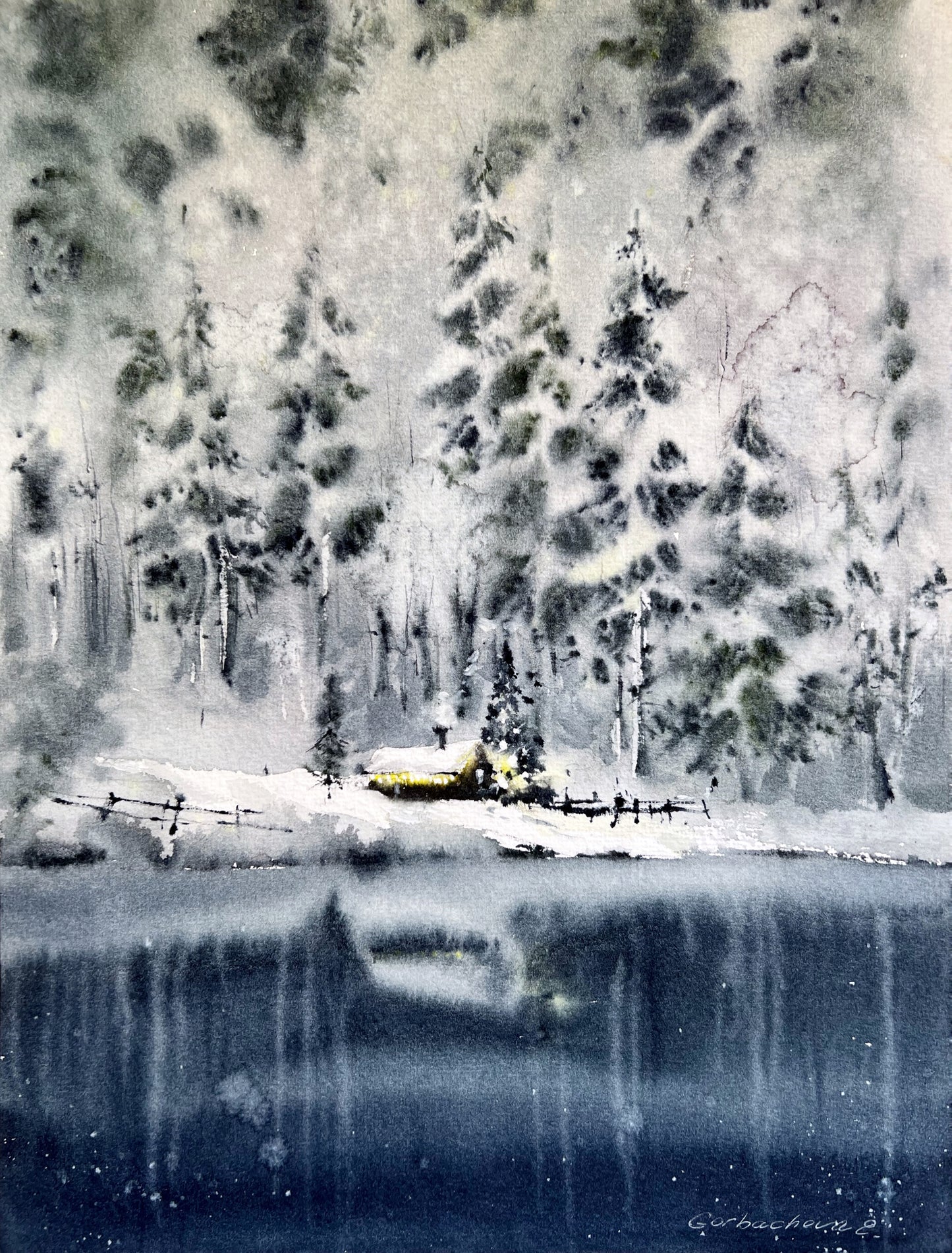 Forest Winter Scene Watercolor Original - Frosty Mountain Artwork, Landscape Painting