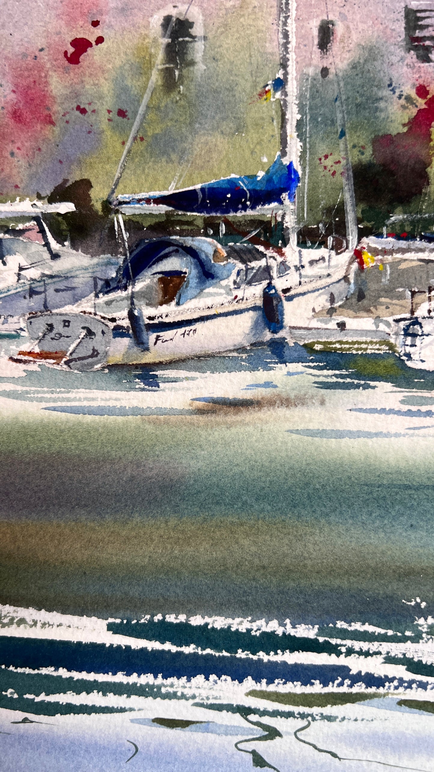 Watercolor Sailboats Painting, Coastal Marina Art, Anchored in Light 9x12