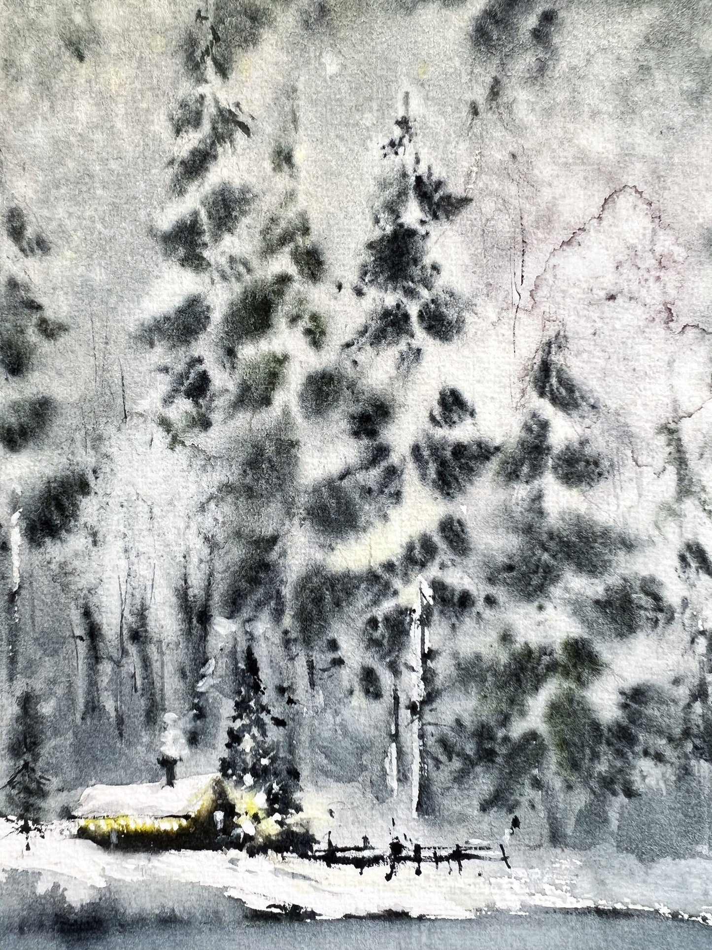 Forest Winter Scene Watercolor Original - Frosty Mountain Artwork, Landscape Painting