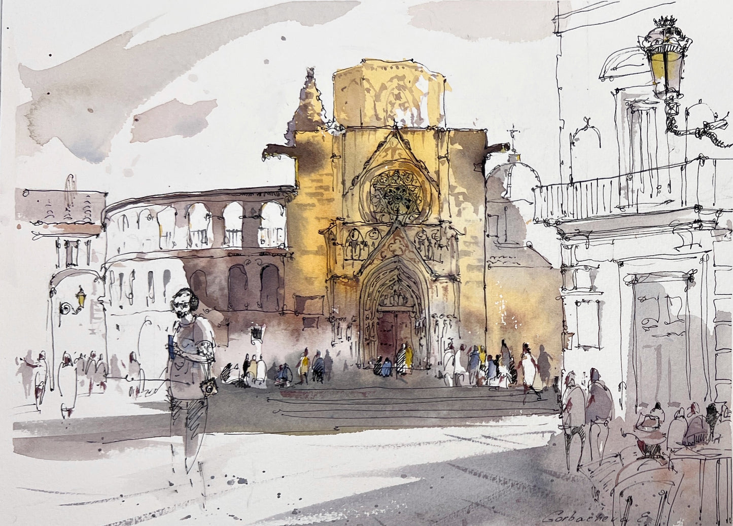 Cityscape Painting Original Watercolor "Golden Cathedral Valencia" - 9x12 in
