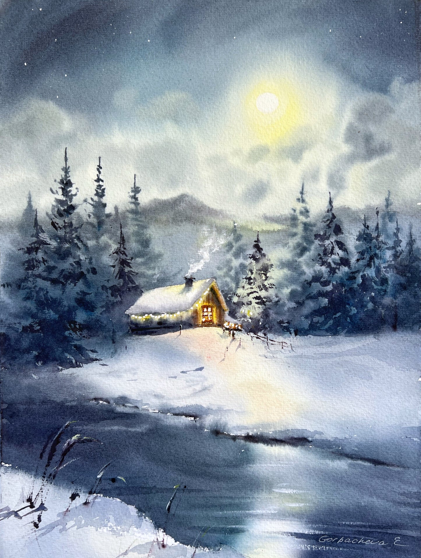 Original Snow Scene Watercolor Art - Christmas story #5 - Painting