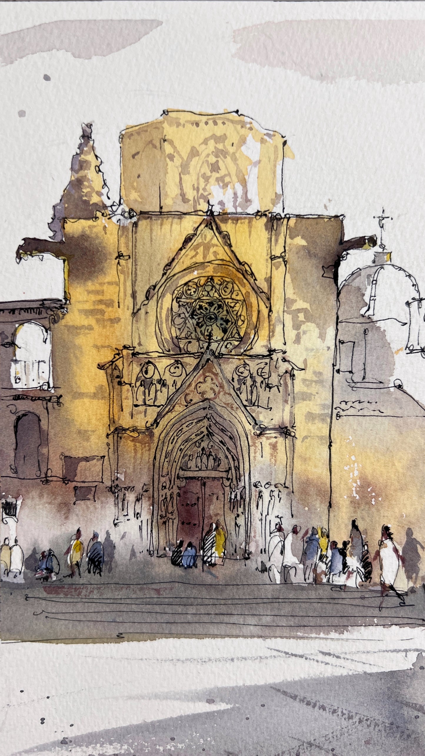 Cityscape Painting Original Watercolor "Golden Cathedral Valencia" - 9x12 in