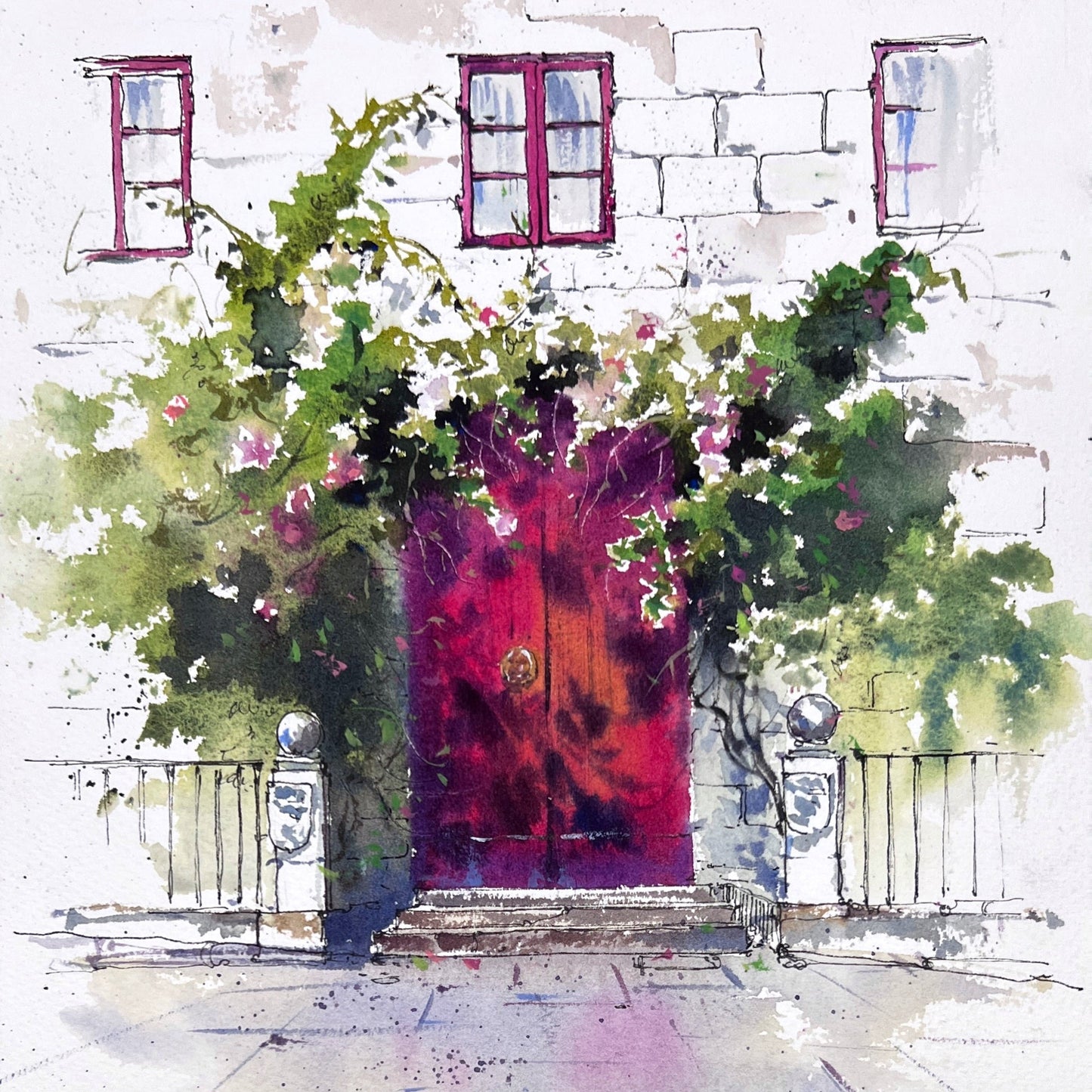 Watercolor Spanish Door Painting, The Red Door of Spain 9x12in