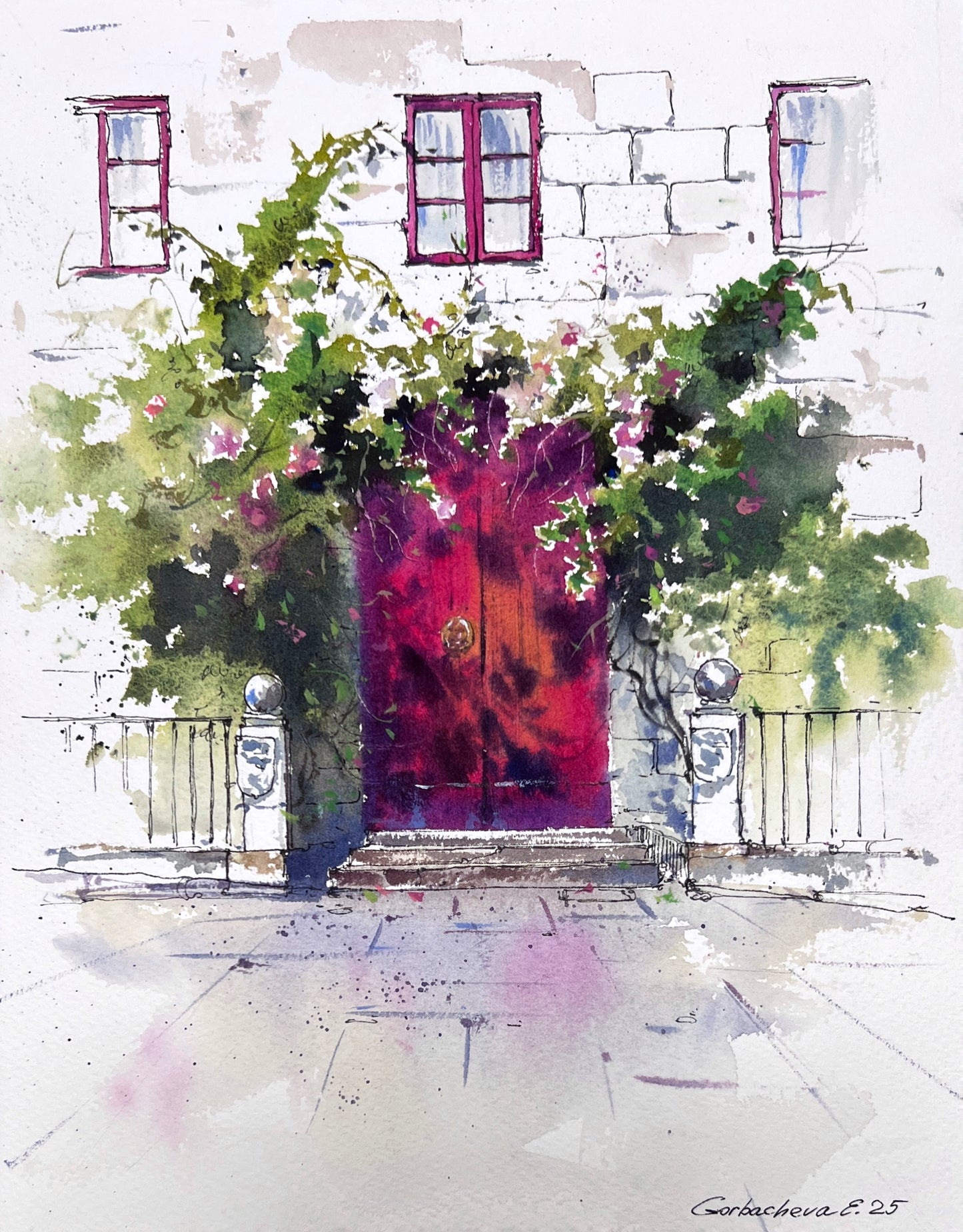 Watercolor Spanish Door Painting, The Red Door of Spain 9x12in