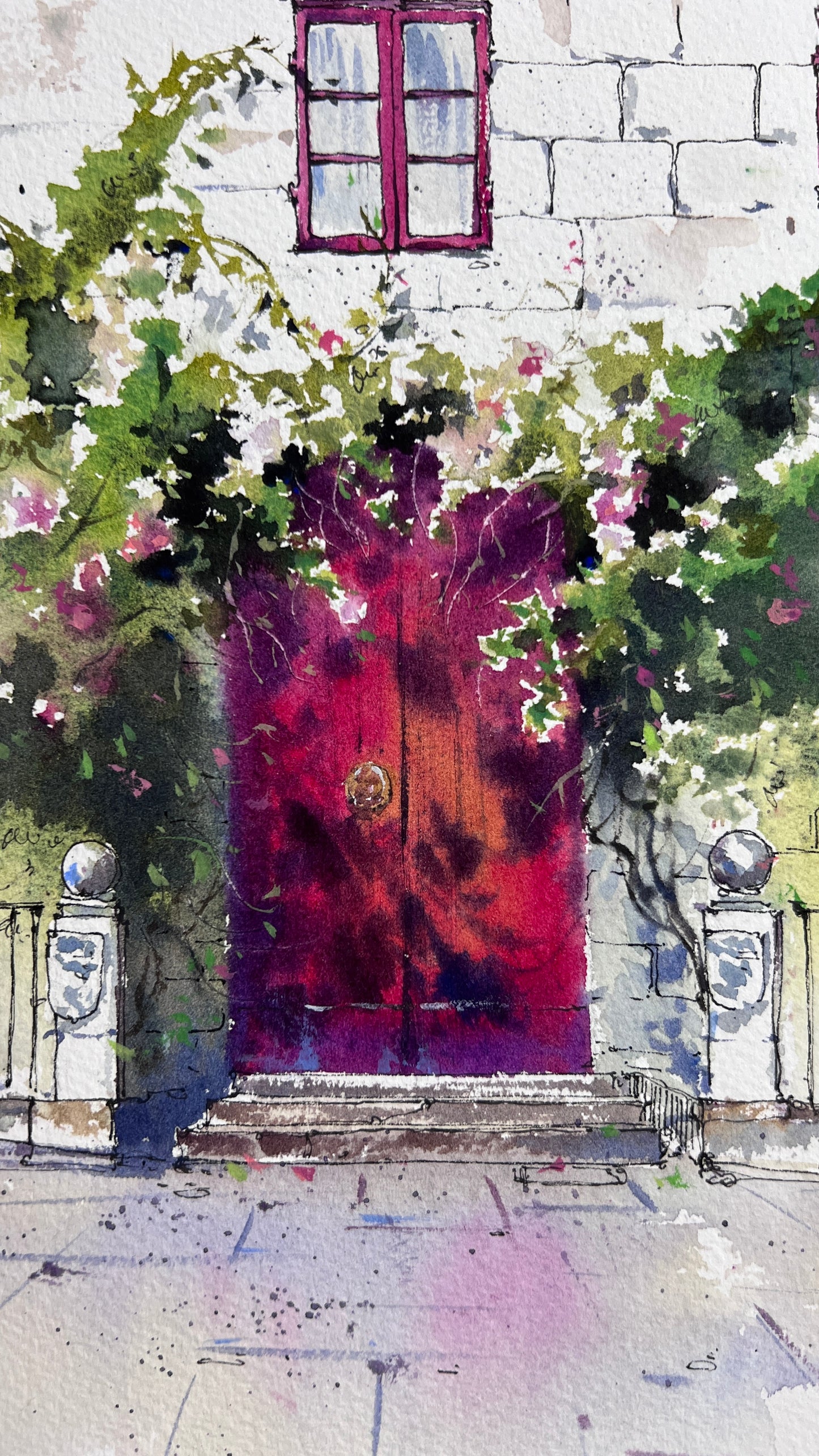 Watercolor Spanish Door Painting, The Red Door of Spain 9x12in