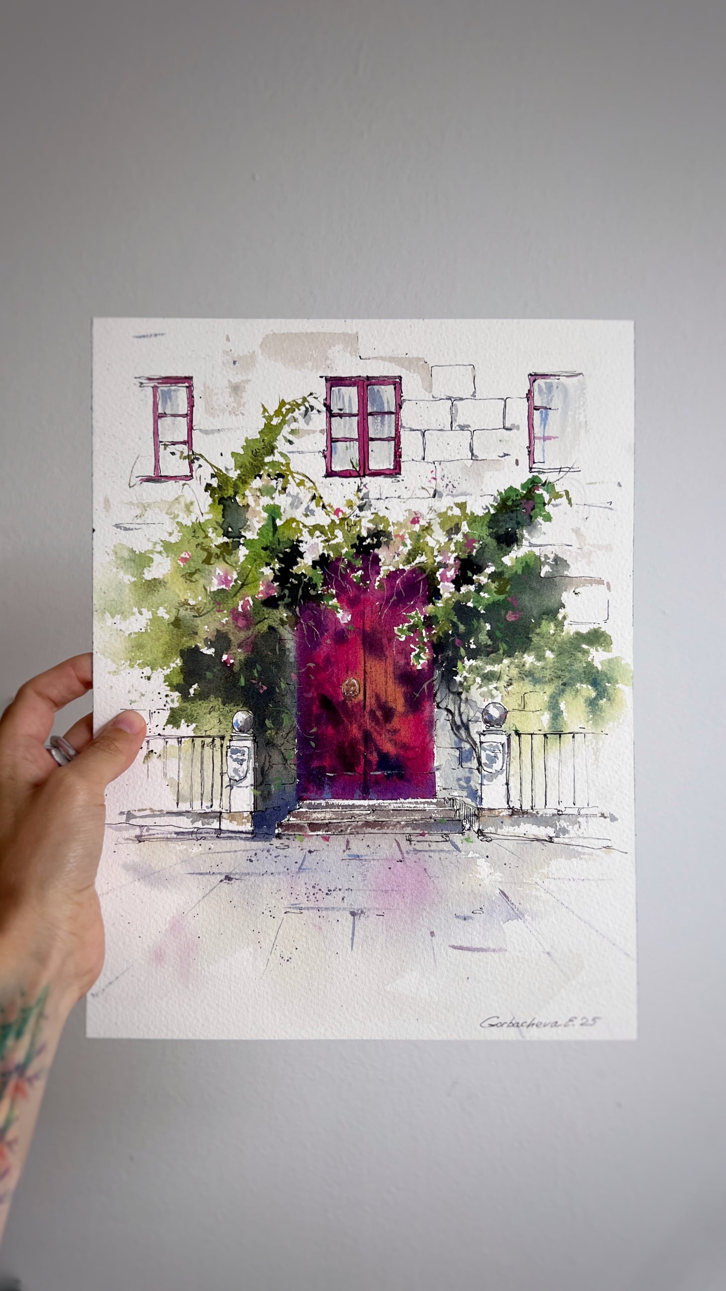 Watercolor Spanish Door Painting, The Red Door of Spain 9x12in