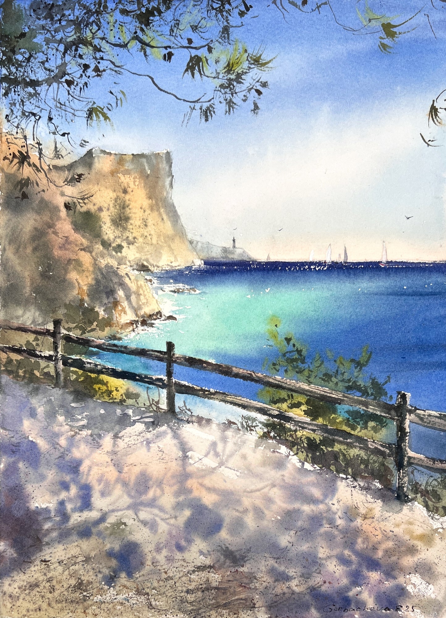 Seashore Art Handpainted Watercolor "Whispers of the Spanish Coast," Serene Coastal Wall Art for Home