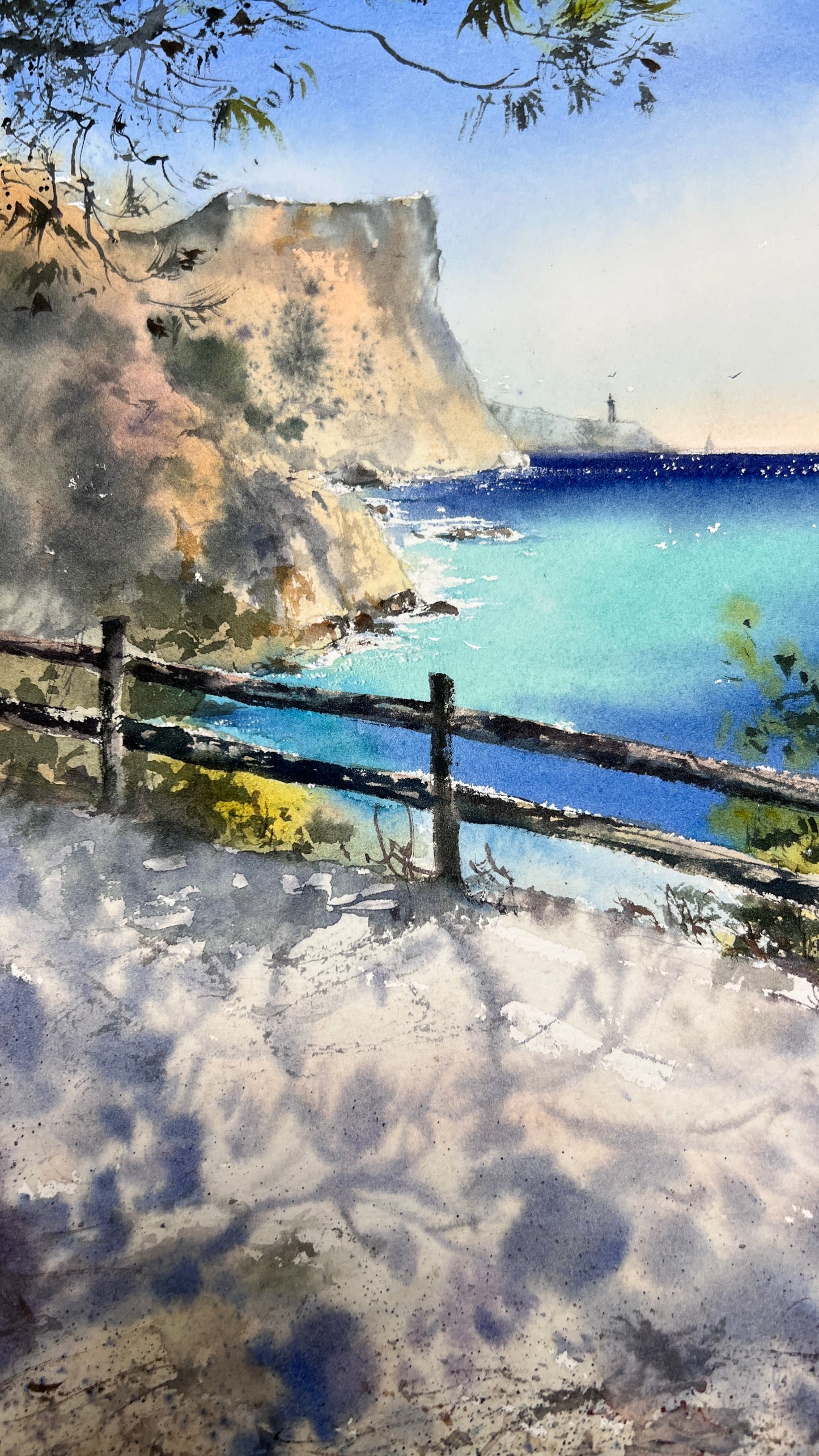 Seashore Art Handpainted Watercolor "Whispers of the Spanish Coast," Serene Coastal Wall Art for Home