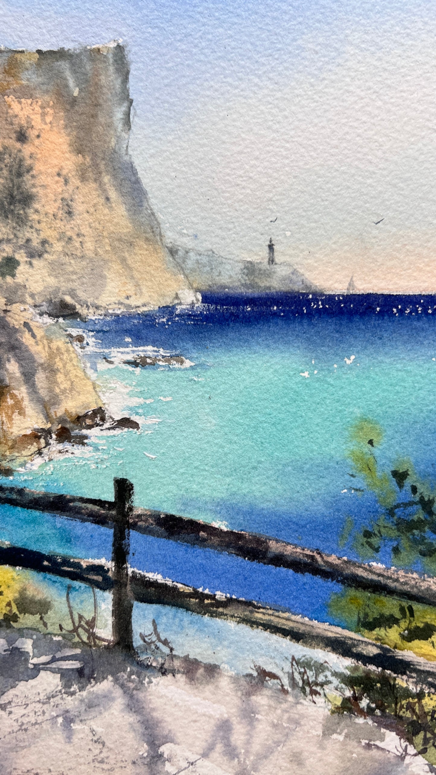 Seashore Art Handpainted Watercolor "Whispers of the Spanish Coast," Serene Coastal Wall Art for Home