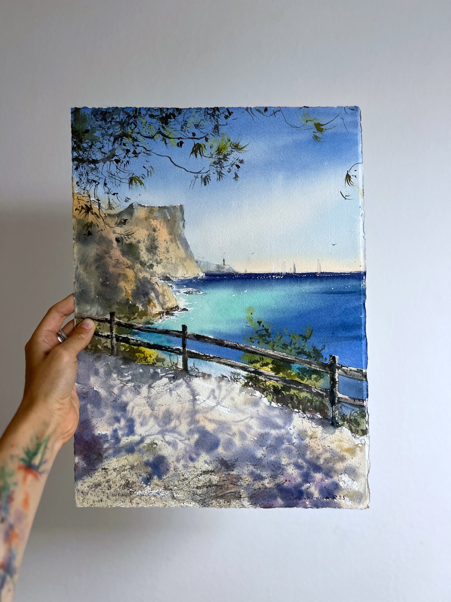 Seashore Art Handpainted Watercolor "Whispers of the Spanish Coast," Serene Coastal Wall Art for Home