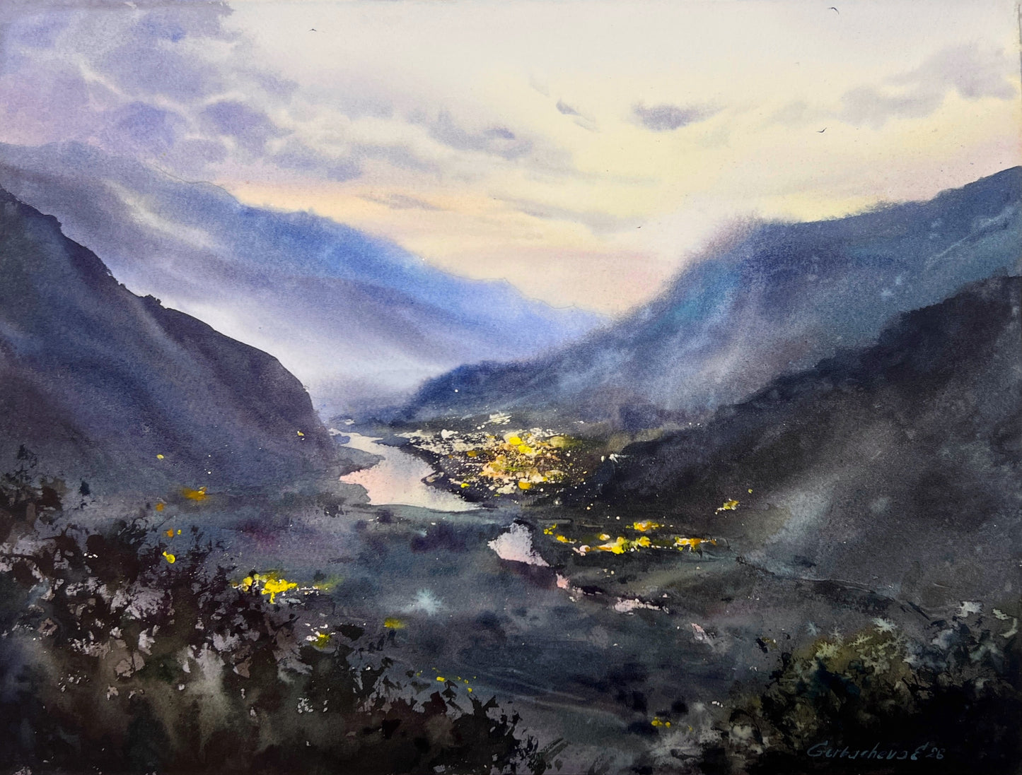 Mountain Valley Village Watercolor Painting, Mountain Valley Lights 12x16