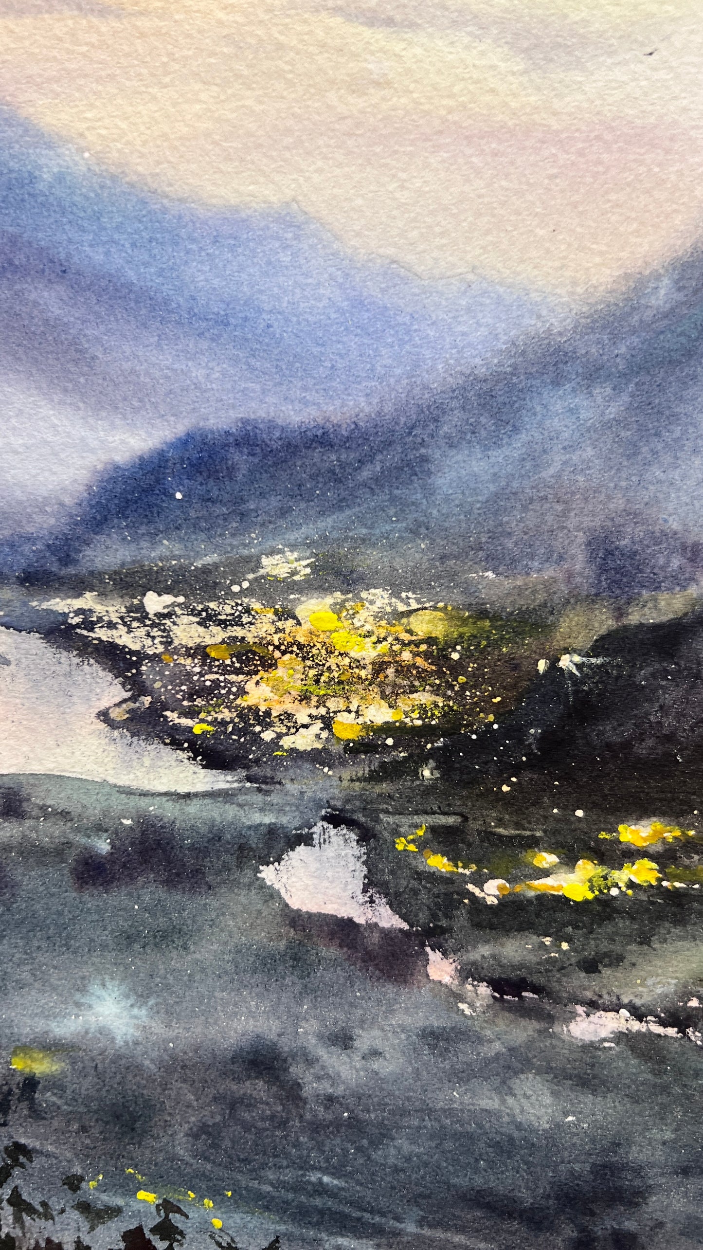 Mountain Valley Village Watercolor Painting, Mountain Valley Lights 12x16