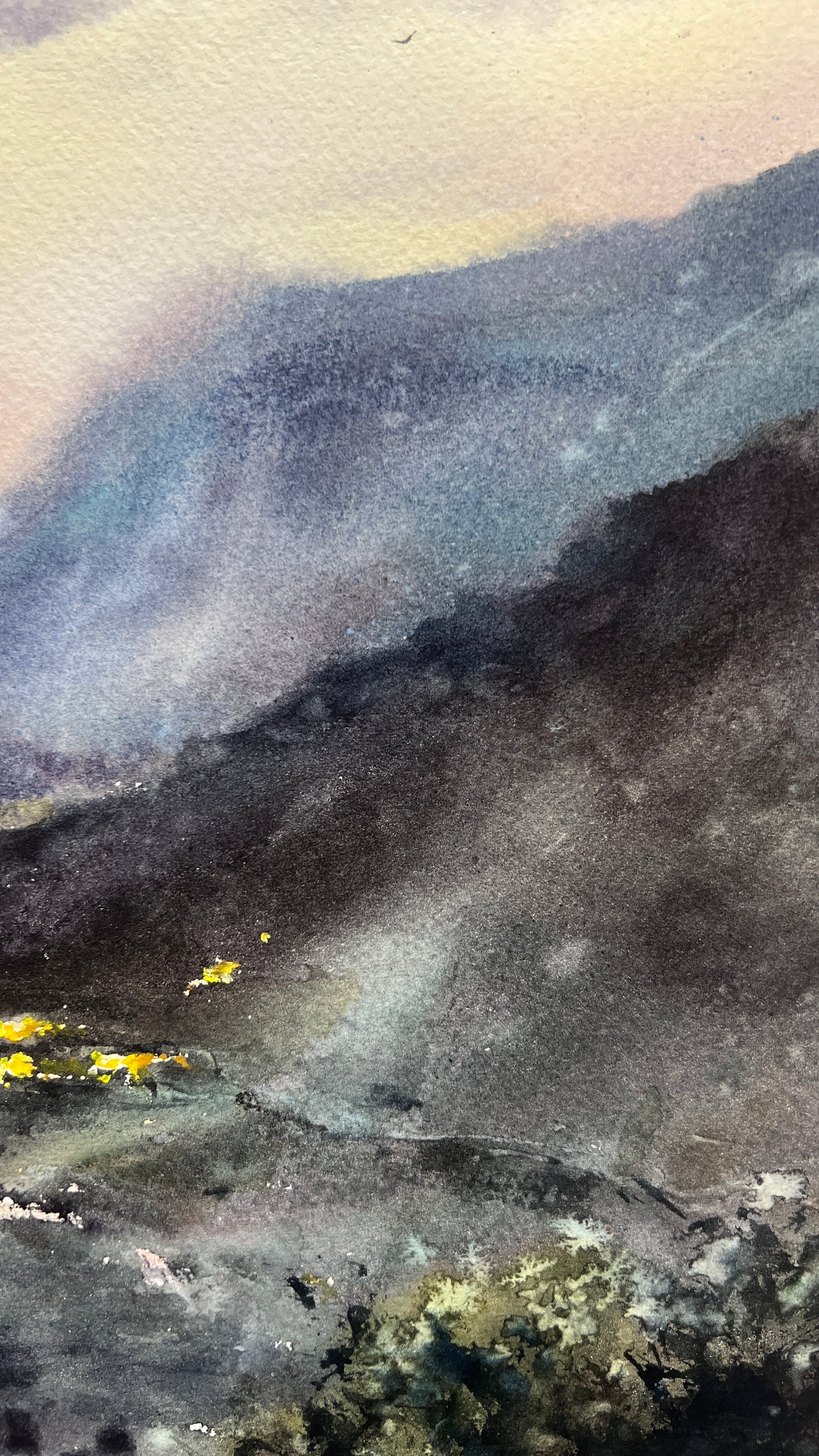 Mountain Valley Village Watercolor Painting, Mountain Valley Lights 12x16