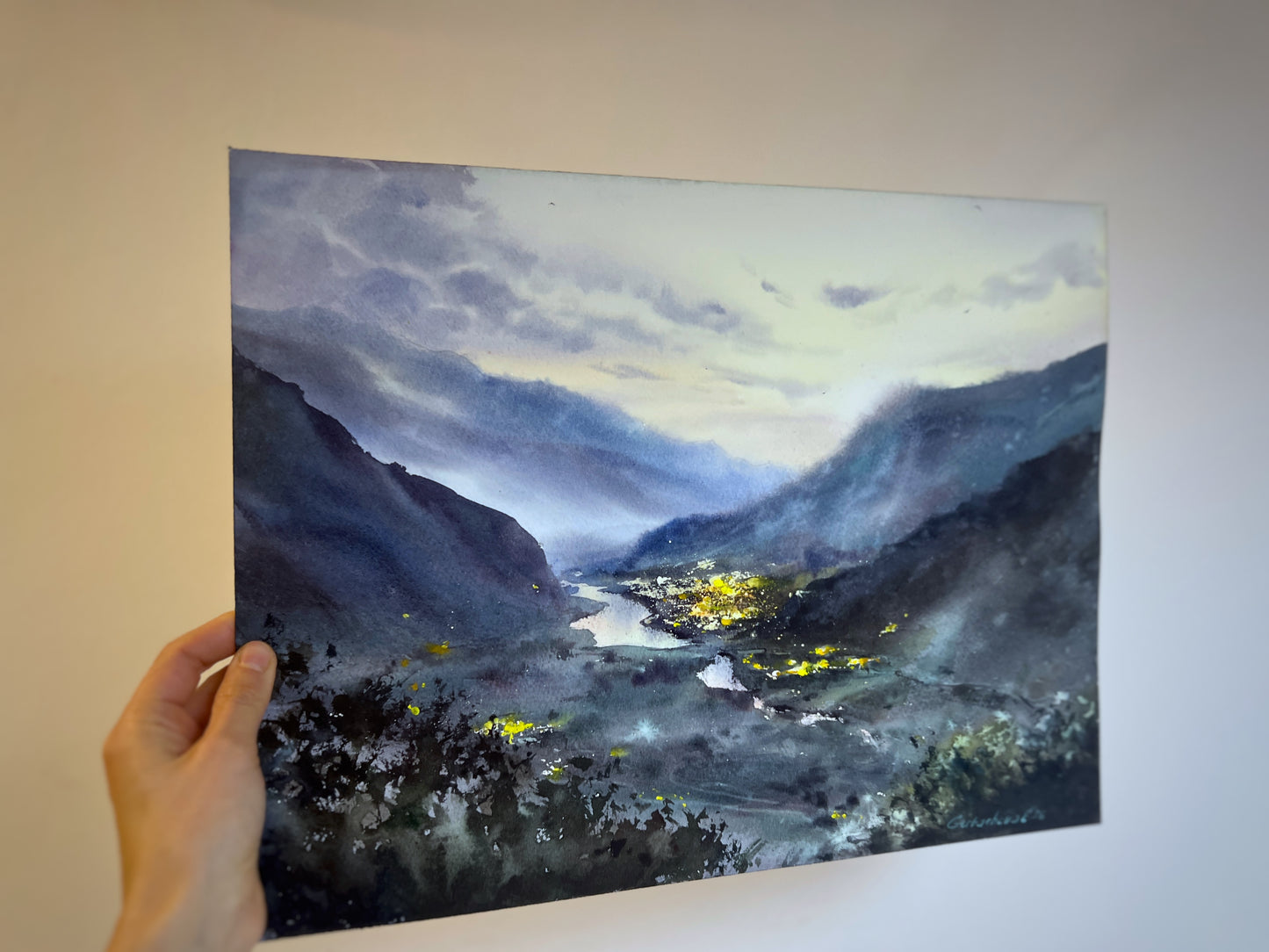 Mountain Valley Village Watercolor Painting, Mountain Valley Lights 12x16