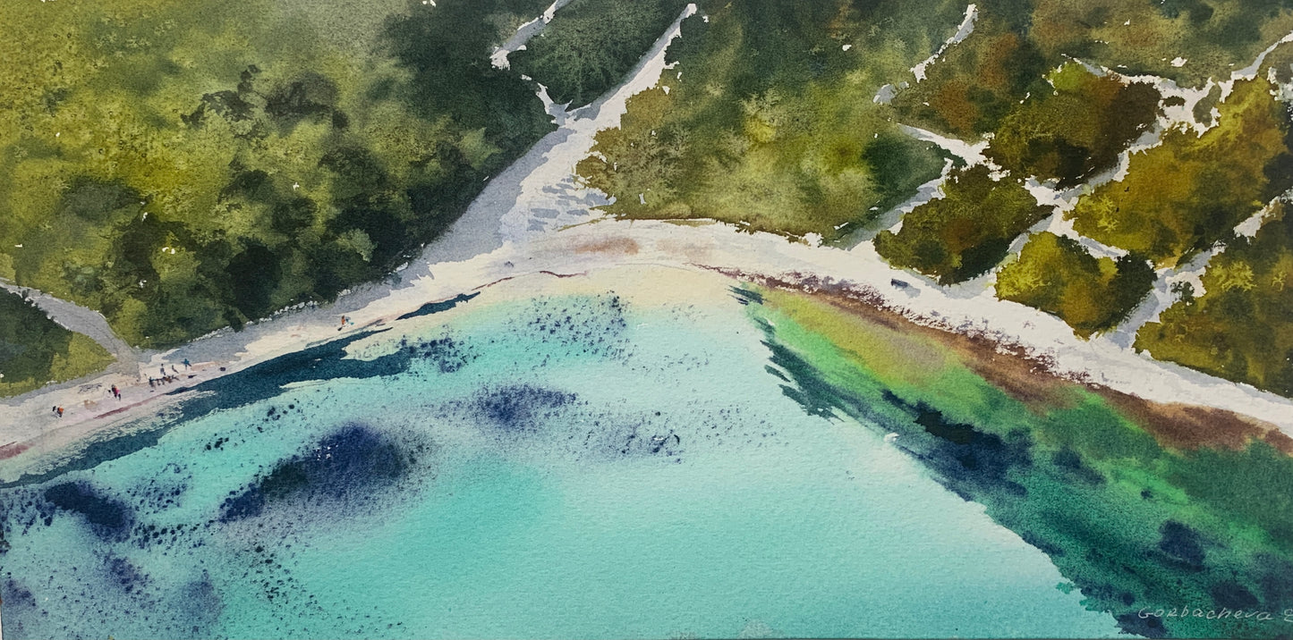 Aerial Beach Watercolor Painting, Seaside from a height of flight 6x12