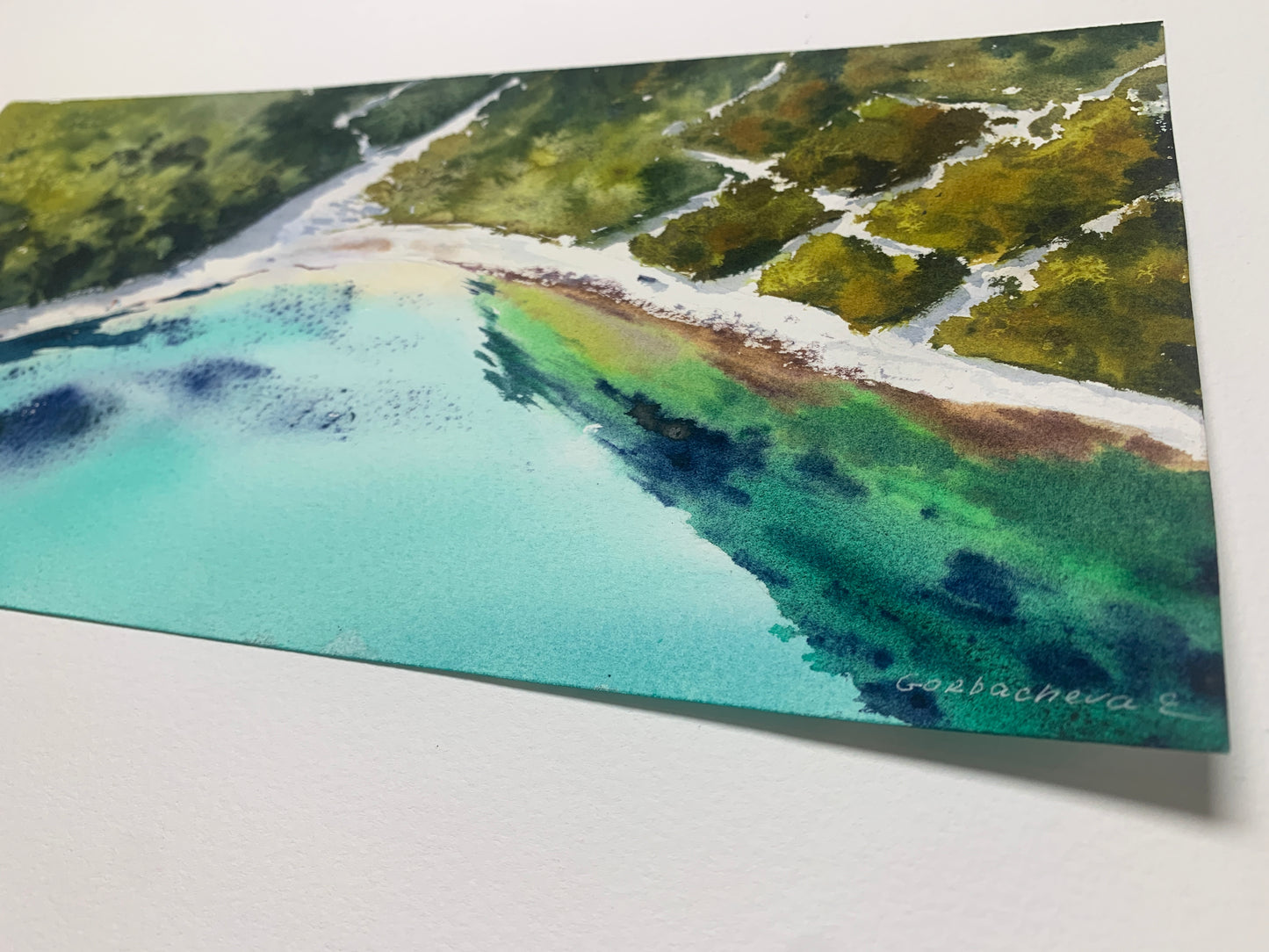 Aerial Beach Watercolor Painting, Seaside from a height of flight 6x12