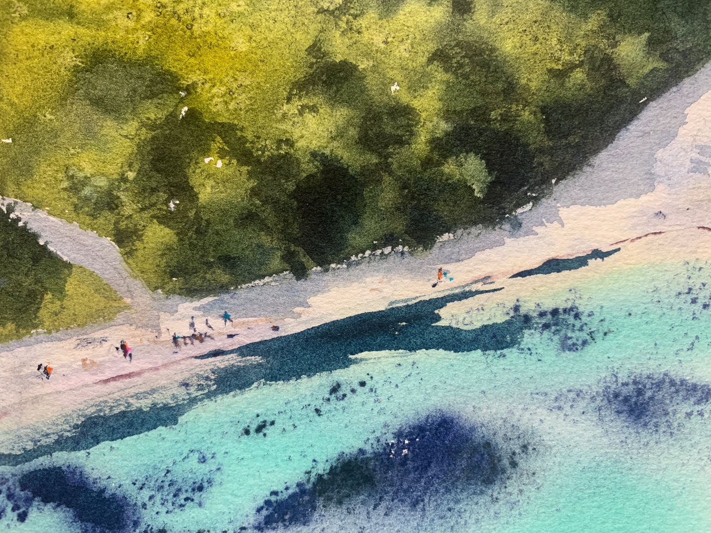 Aerial Beach Watercolor Painting, Seaside from a height of flight 6x12