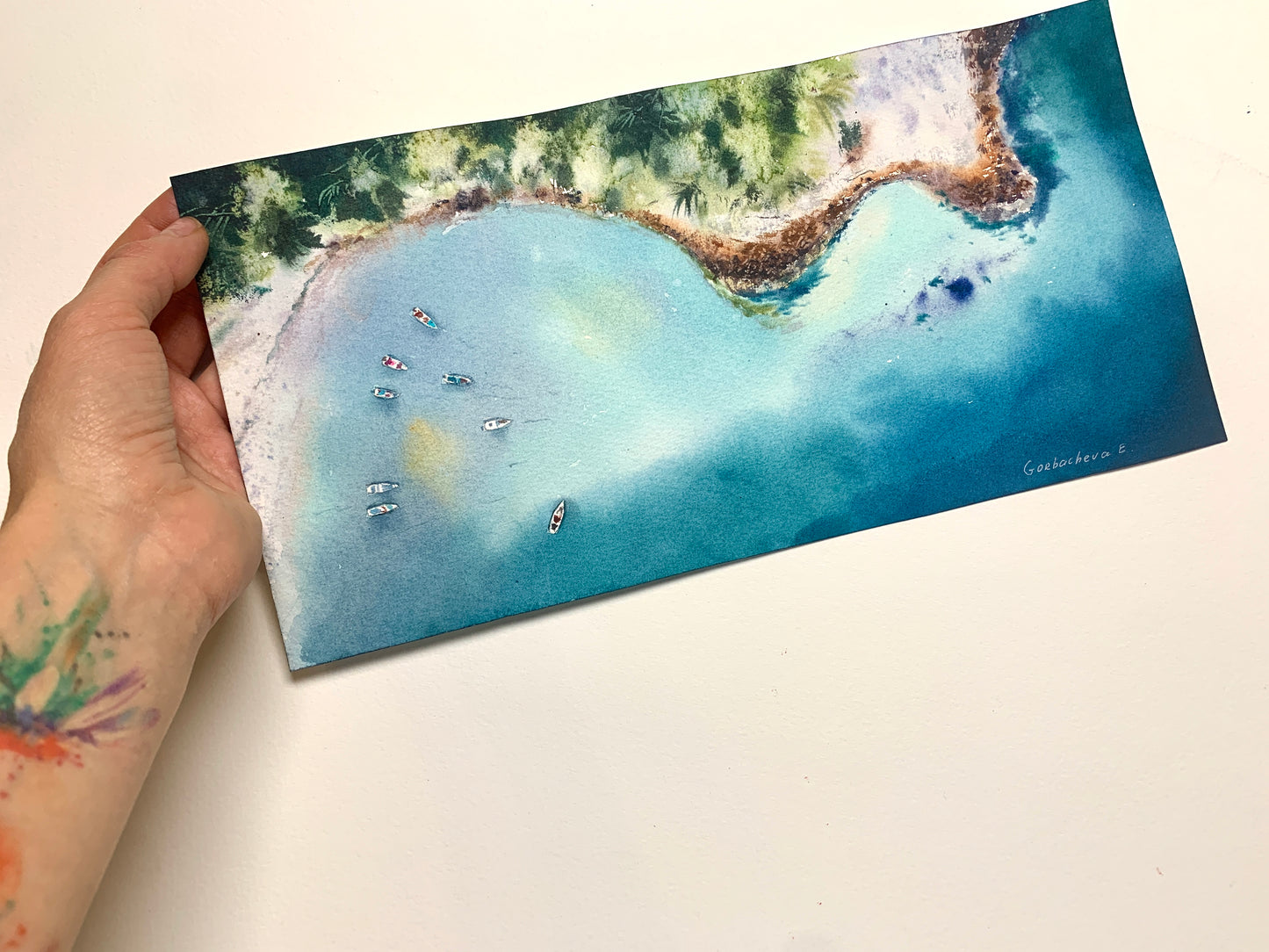 Aerial Sea Coast Watercolor Painting, Seaside from a height of flight #5 6x12