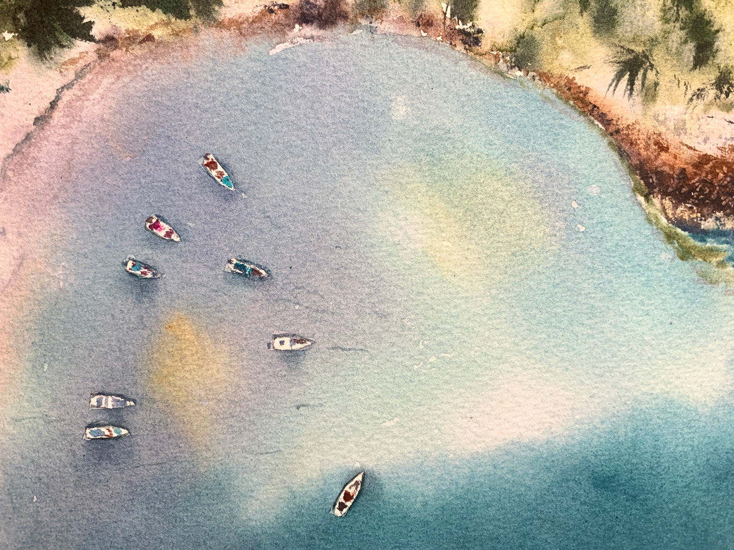 Aerial Sea Coast Watercolor Painting, Seaside from a height of flight #5 6x12