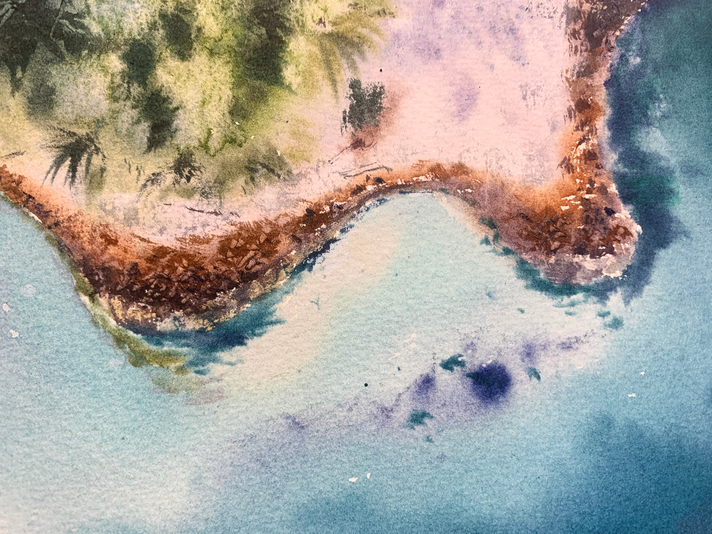 Aerial Sea Coast Watercolor Painting, Seaside from a height of flight #5 6x12