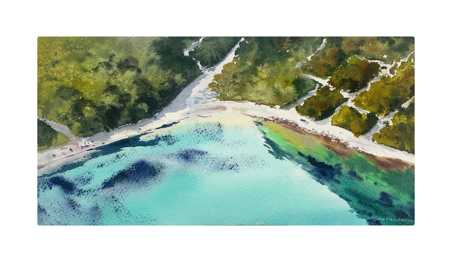 Aerial Beach Watercolor Painting, Seaside from a height of flight 6x12