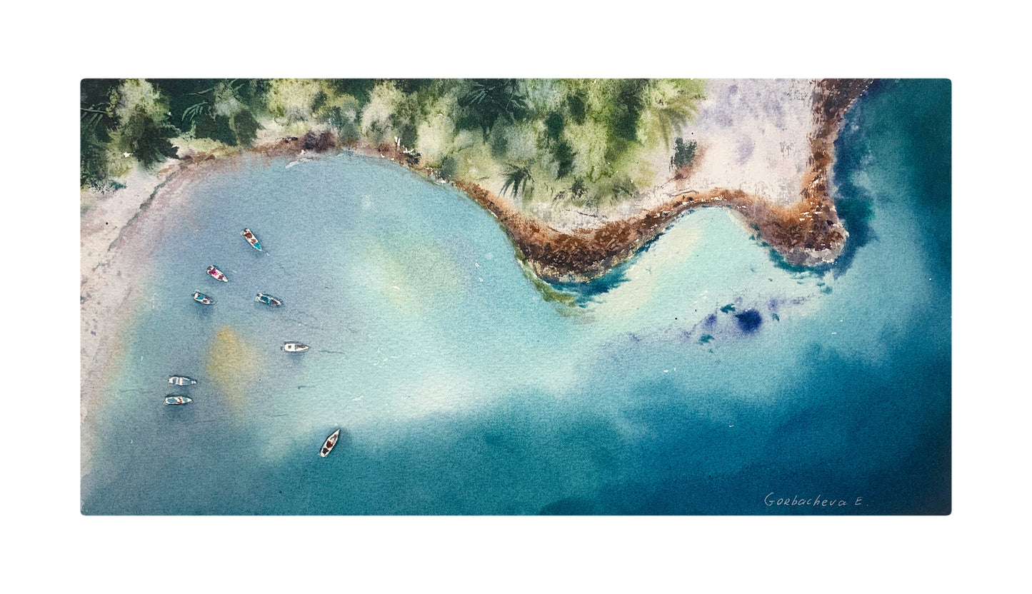 Aerial Sea Coast Watercolor Painting, Seaside from a height of flight #5 6x12