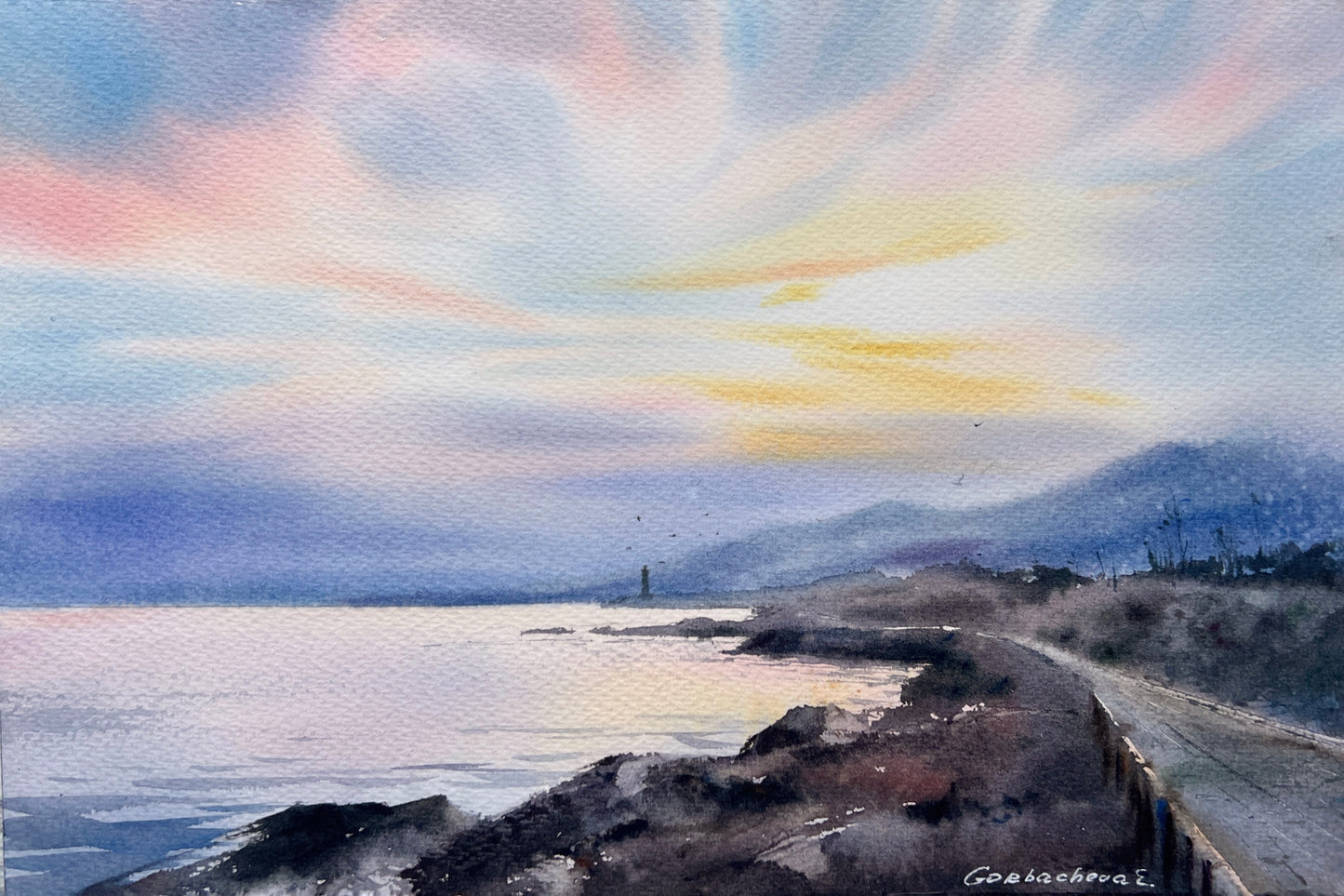 Original Watercolor Painting - Dawn on the sea Cyprus #6 - Colorful Coastal Art