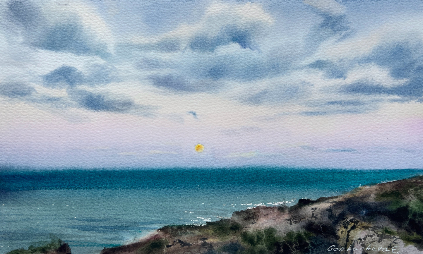 Full Moon #2 Watercolor Seascape Painting - Original Artwork with Clouds