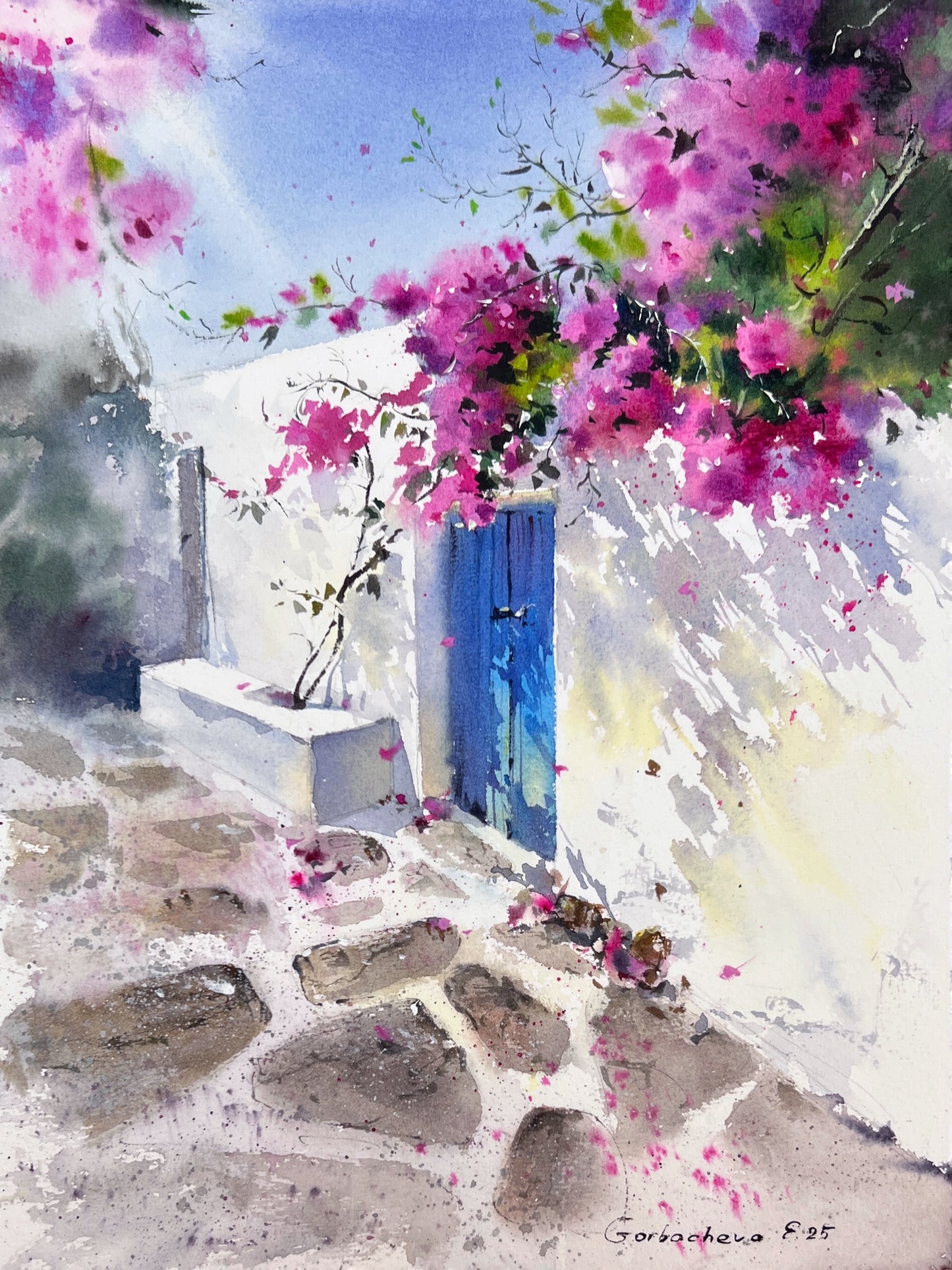 Original Watercolor Painting - Bougainvillea Door - Mediterranean Townscape