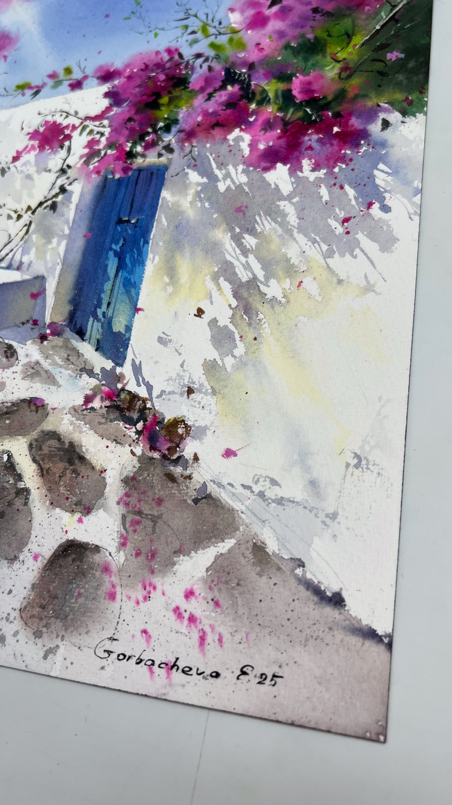 Original Watercolor Painting - Bougainvillea Door - Mediterranean Townscape