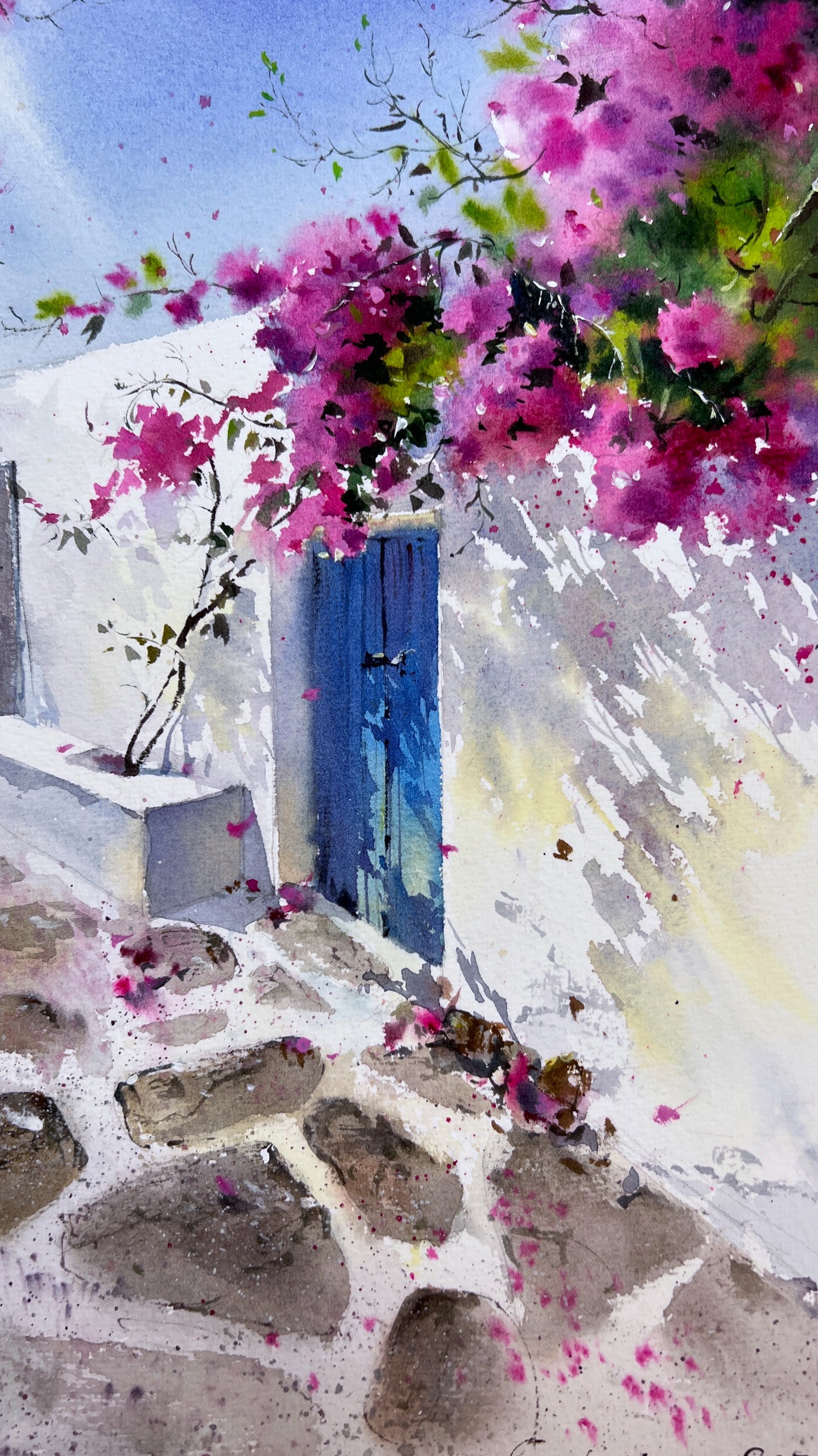 Original Watercolor Painting - Bougainvillea Door - Mediterranean Townscape