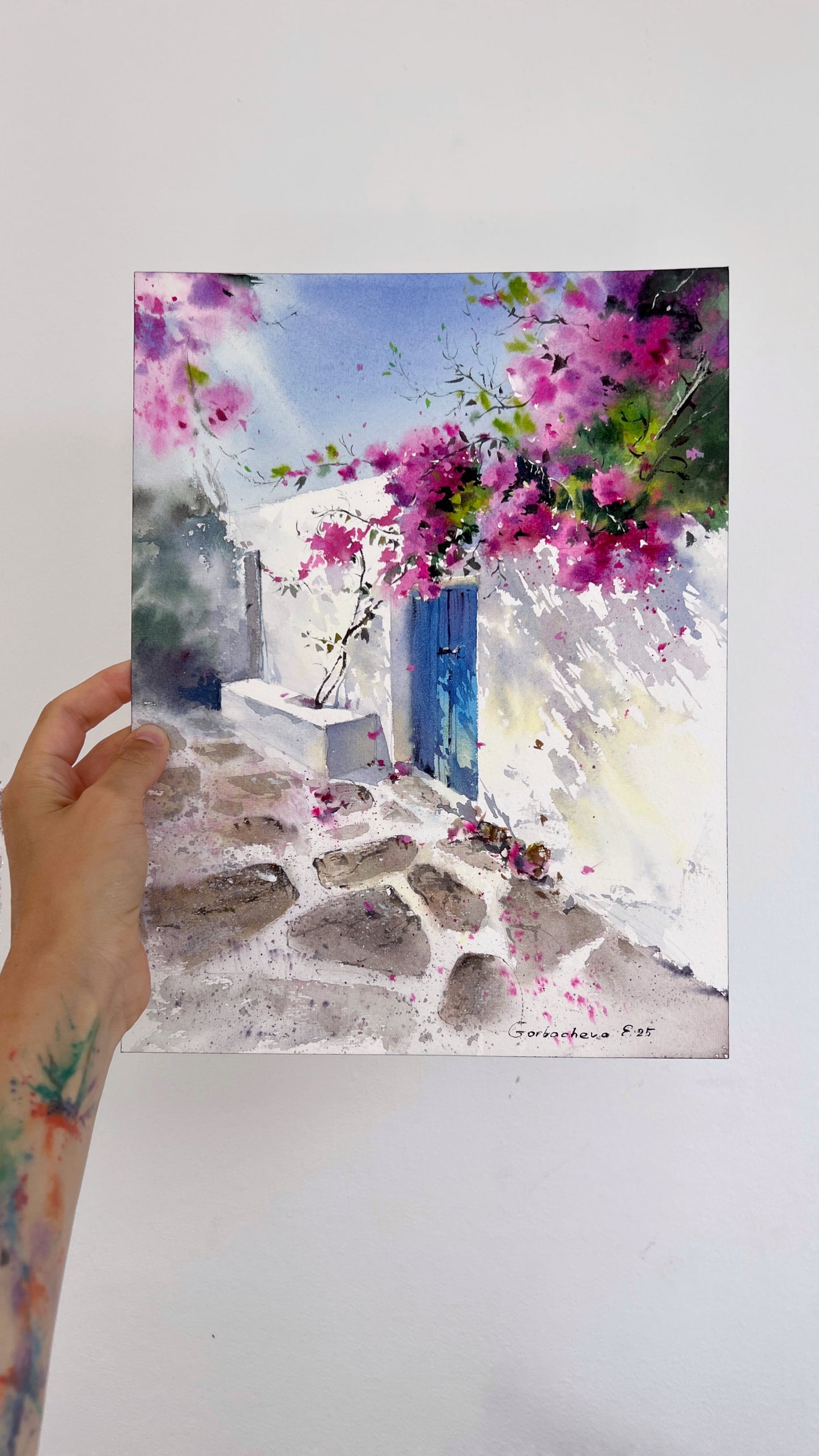 Original Watercolor Painting - Bougainvillea Door - Mediterranean Townscape