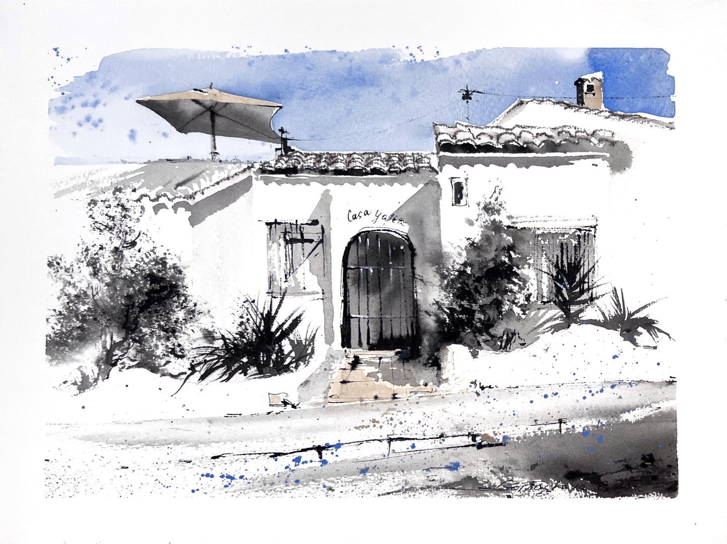 Original Spanish Villa Watercolor Art, "Sunlit Serenity",  9x12 in