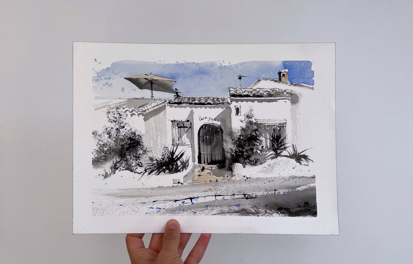 Original Spanish Villa Watercolor Art, "Sunlit Serenity",  9x12 in