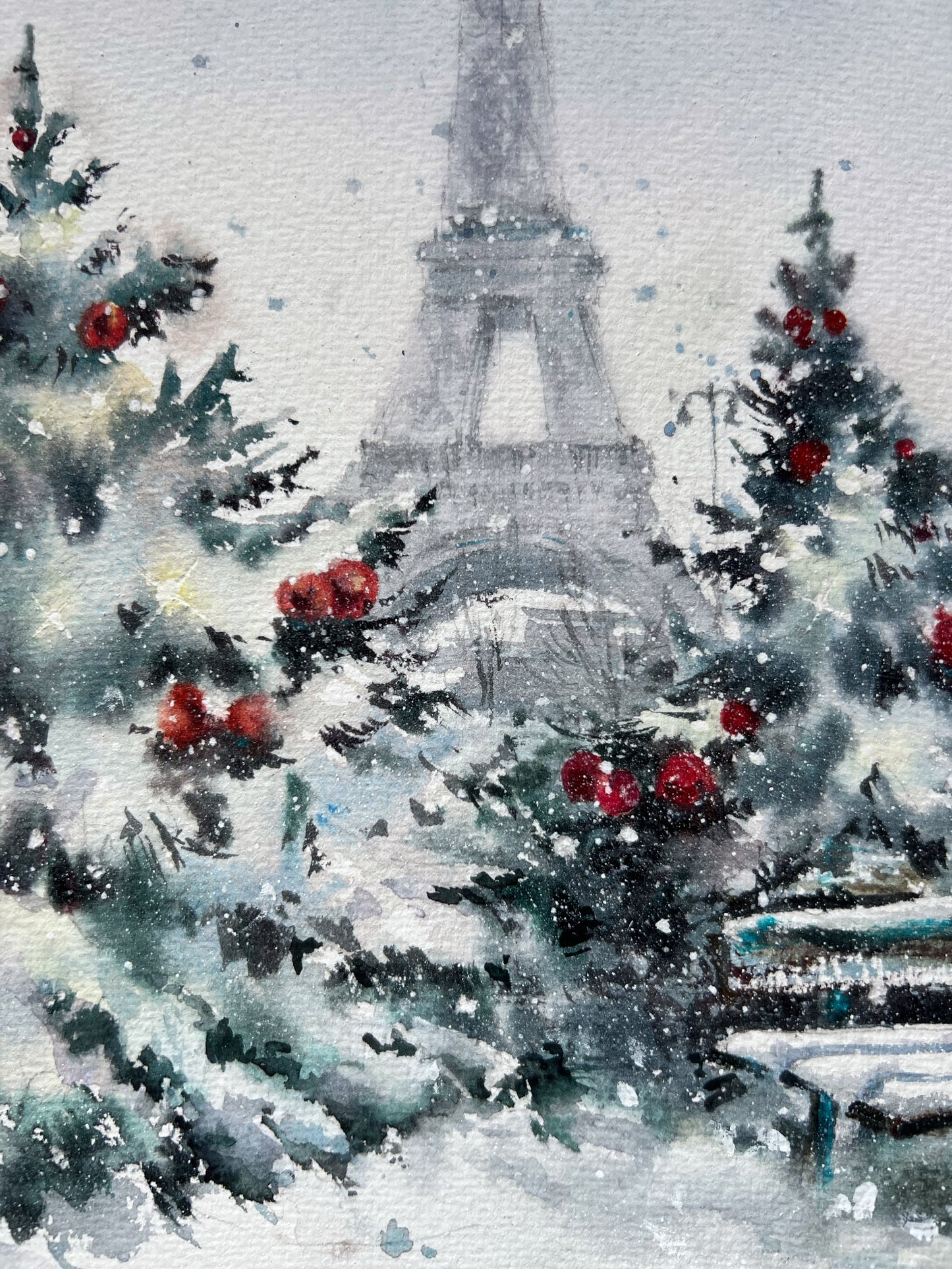 Christmas in Paris Original Painting - Eiffel Tower Snowy Fir Trees