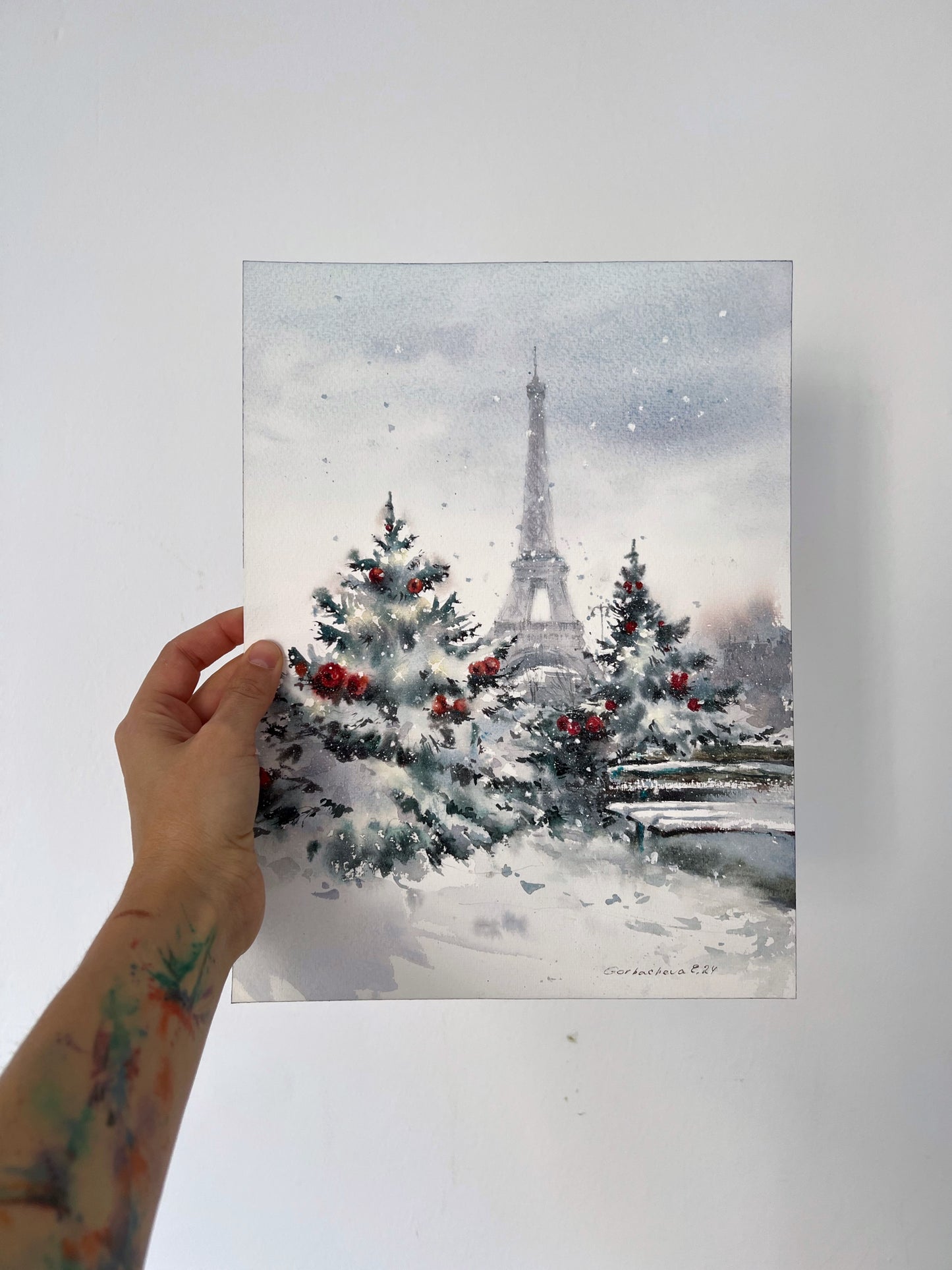 Christmas in Paris Original Painting - Eiffel Tower Snowy Fir Trees