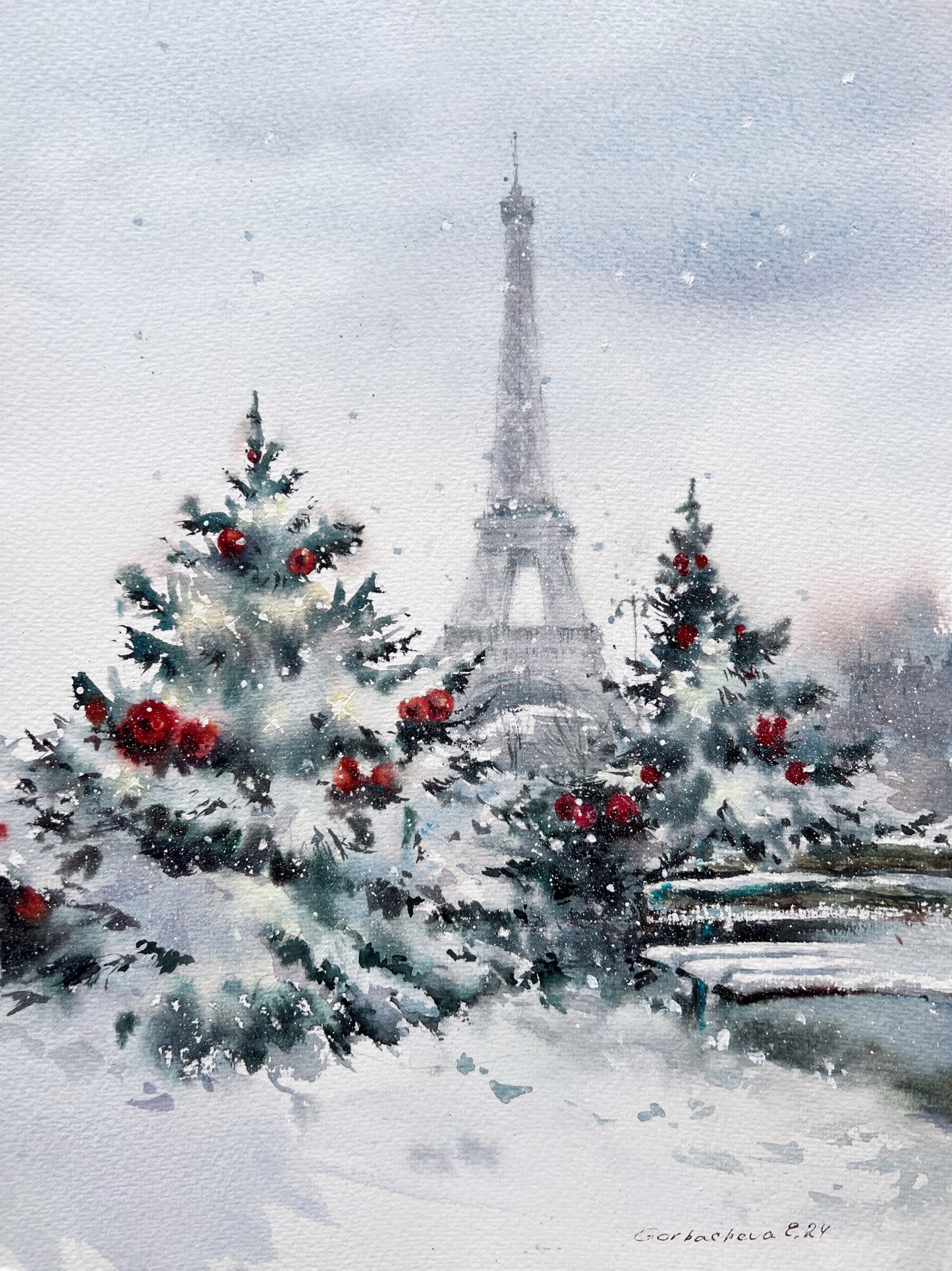 Christmas in Paris Original Painting - Eiffel Tower Snowy Fir Trees