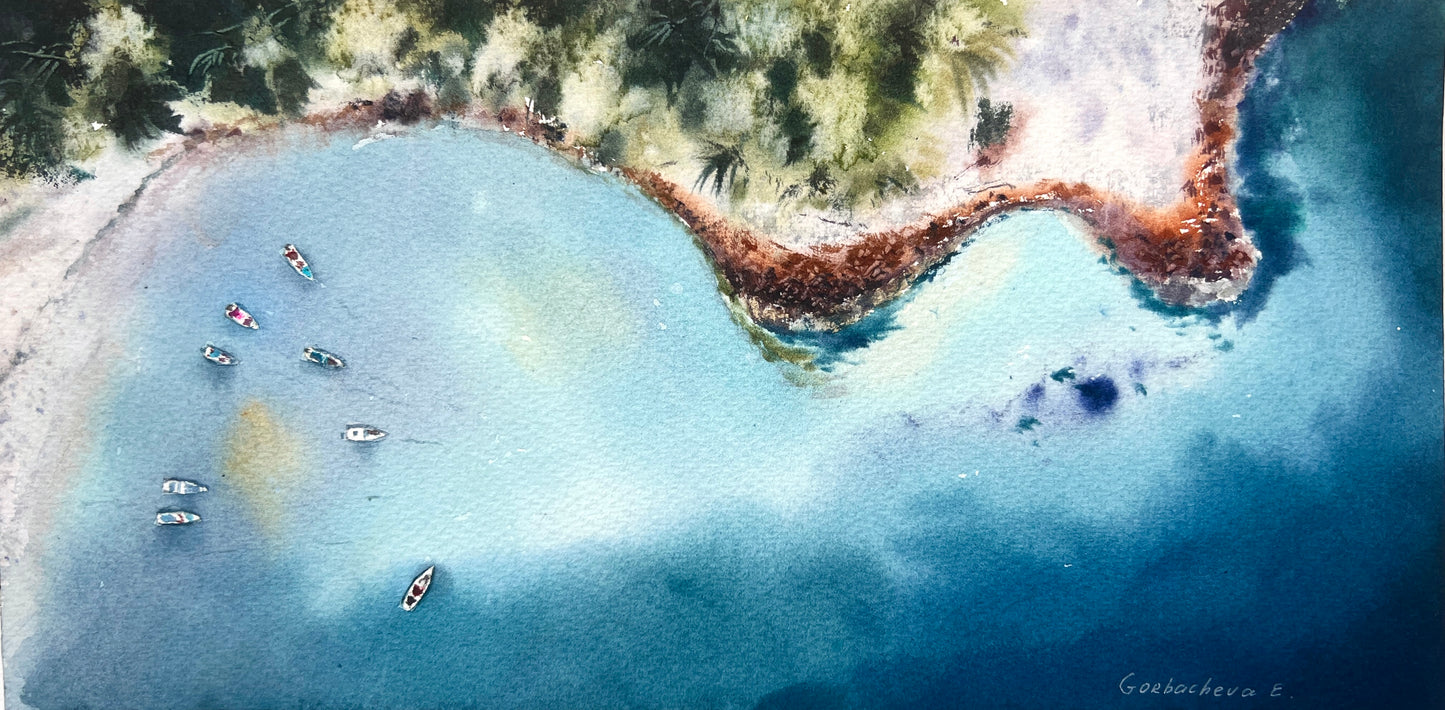 Aerial Sea Coast Watercolor Painting, Seaside from a height of flight #5 6x12