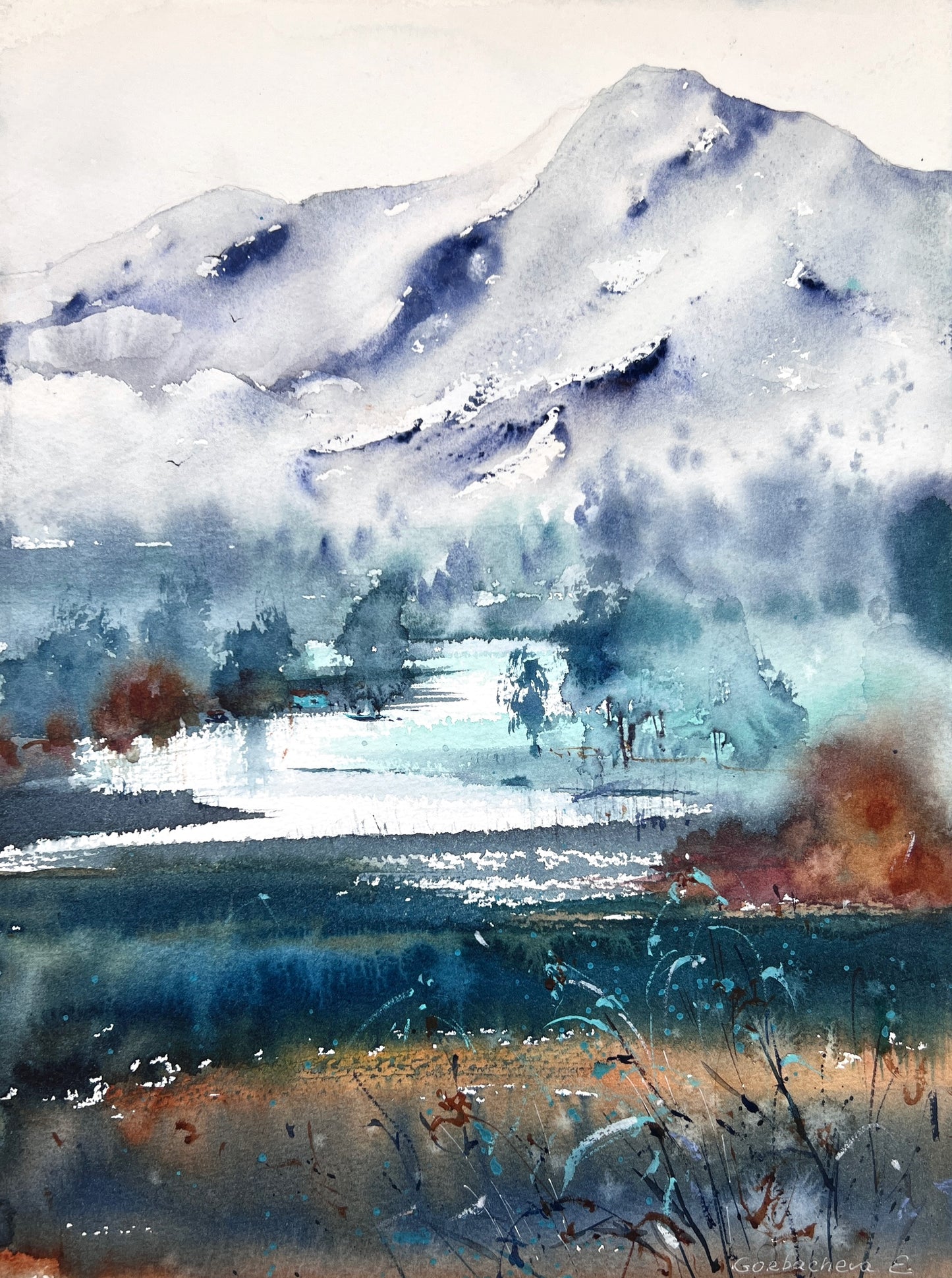 Mountain Valley Village Watercolor Painting, Mountain river #13 9x12