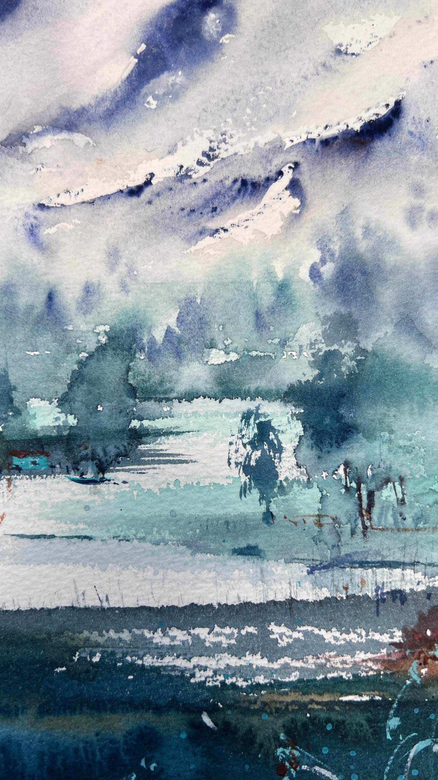 Mountain Valley Village Watercolor Painting, Mountain river #13 9x12