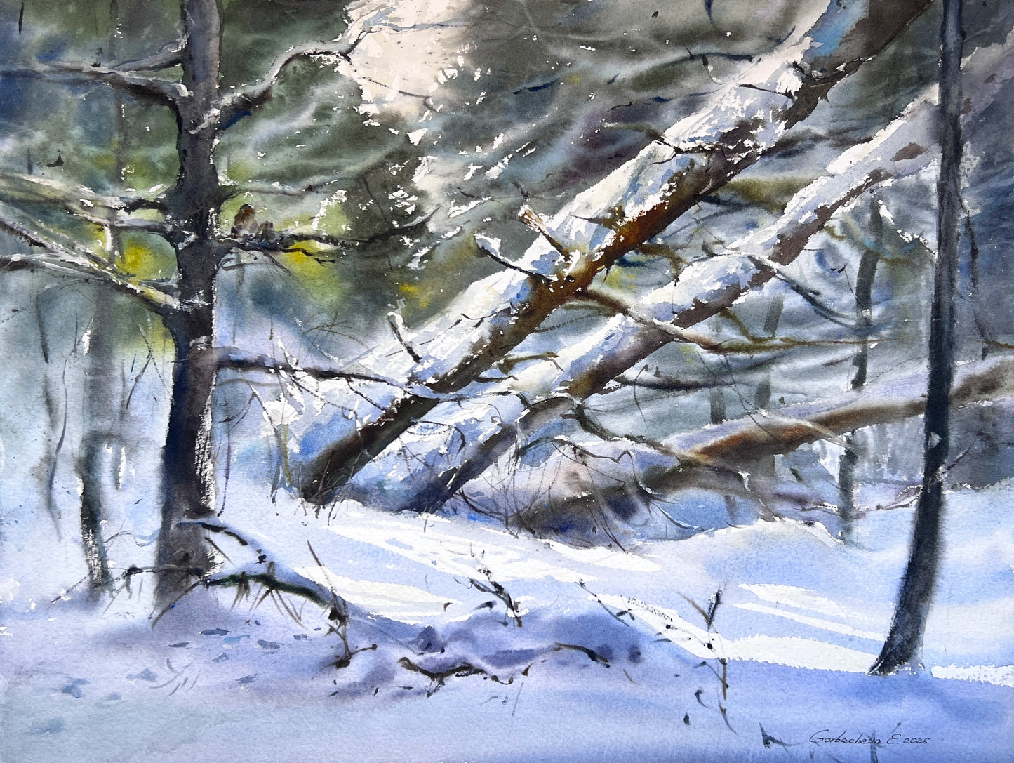 Winter Forest Watercolor Painting, Winter’s Quiet Breath 31x41