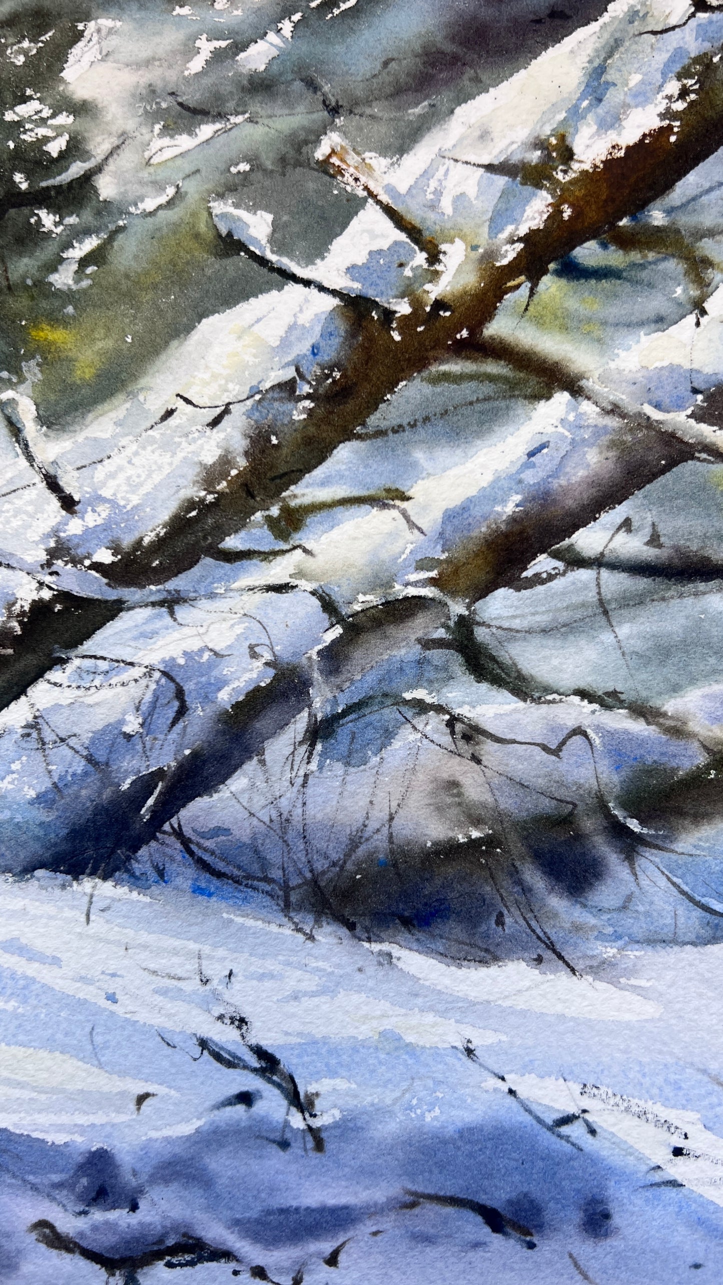 Winter Forest Watercolor Painting, Winter’s Quiet Breath 31x41