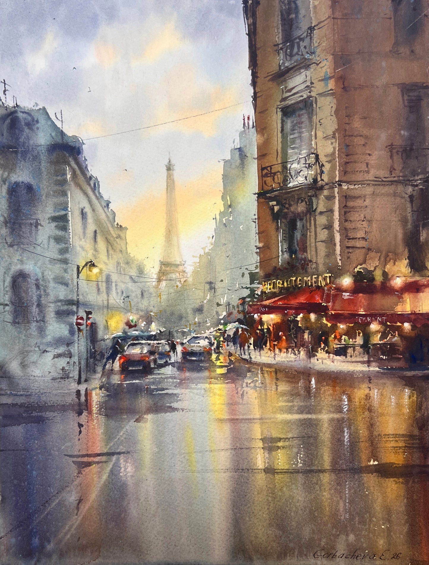 Paris Street Watercolor Painting, Eiffel Tower Art, Paris in Golden Rain 12x16