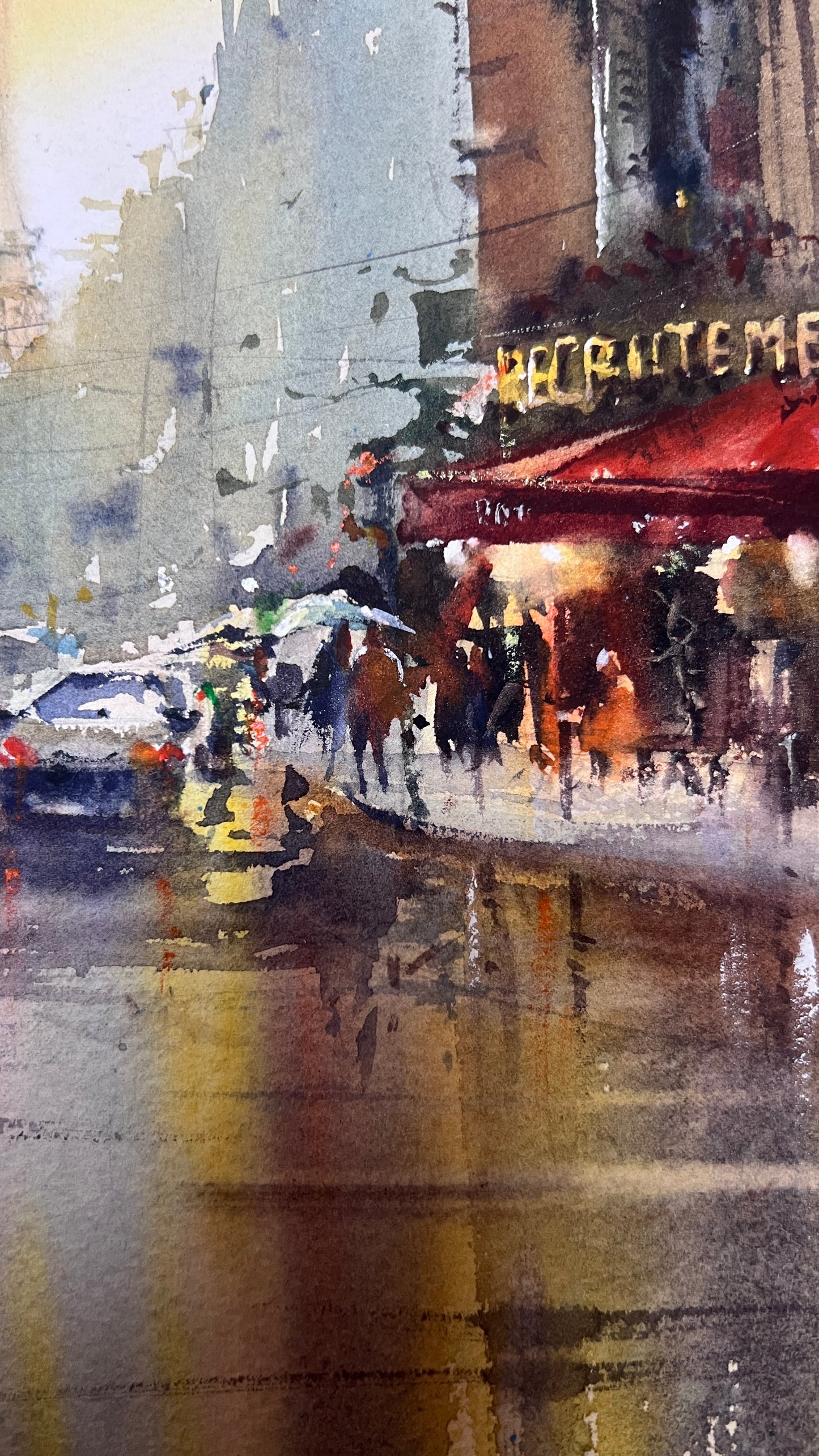 Paris Street Watercolor Painting, Eiffel Tower Art, Paris in Golden Rain 12x16